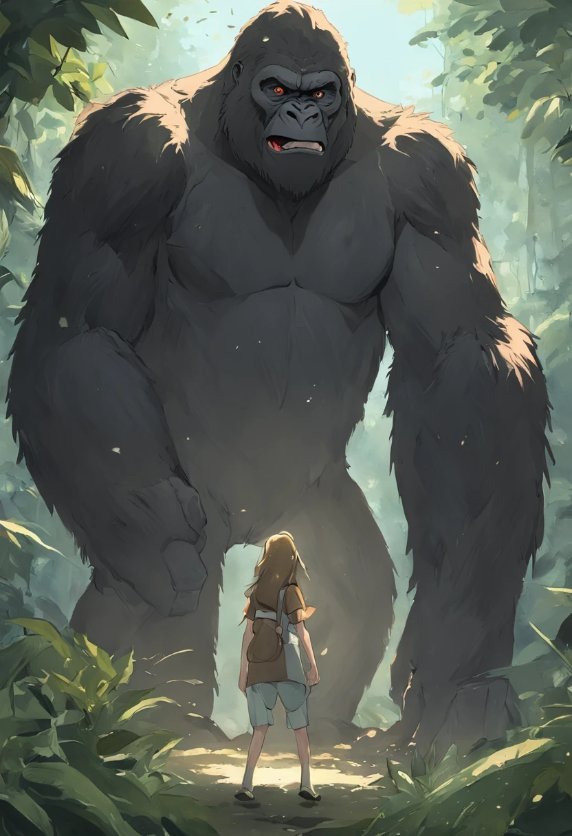 King Kong and beauty，jungles，full bodyesbian，Long-range，of a real，Facial features are carefully depicted，Realistic skin texture，Dark style，depth of fields，high light，Real light，Ray traching，oc rendered，Hyper-realistic，best qualtiy，8K，Works of masters，super-fine，Detailed pubic hair，Correct anatomy，sharp focus on eyes，Bokeh，Facial features are carefully depicted