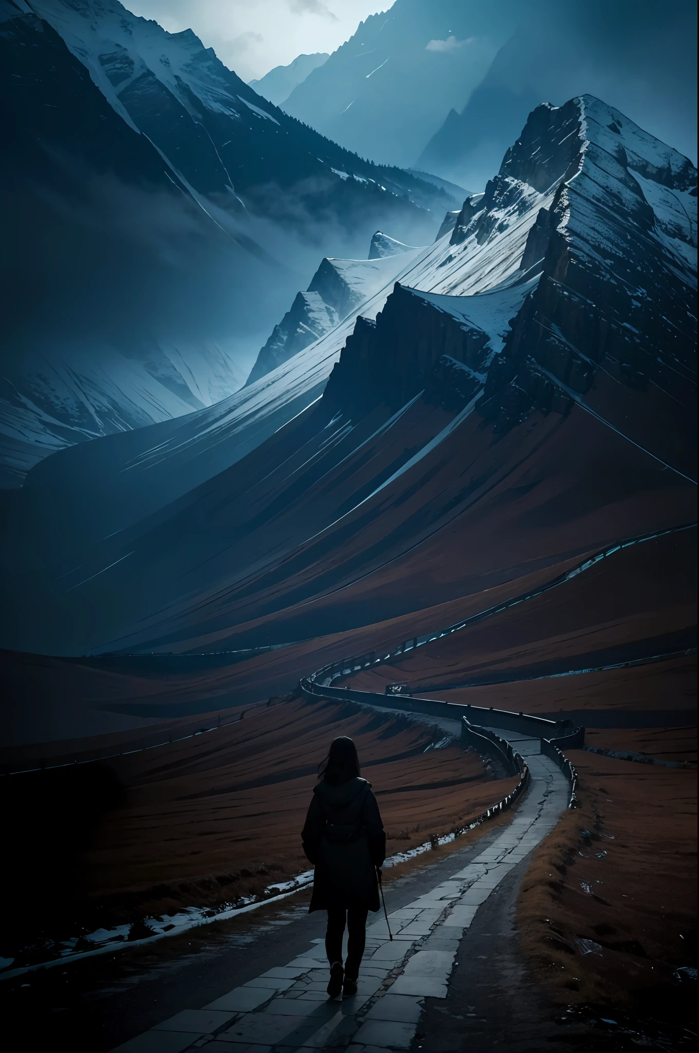 darkly,Solitude,suffocating,path,Far Mountain,Realistis,depressive,超高分辨率
