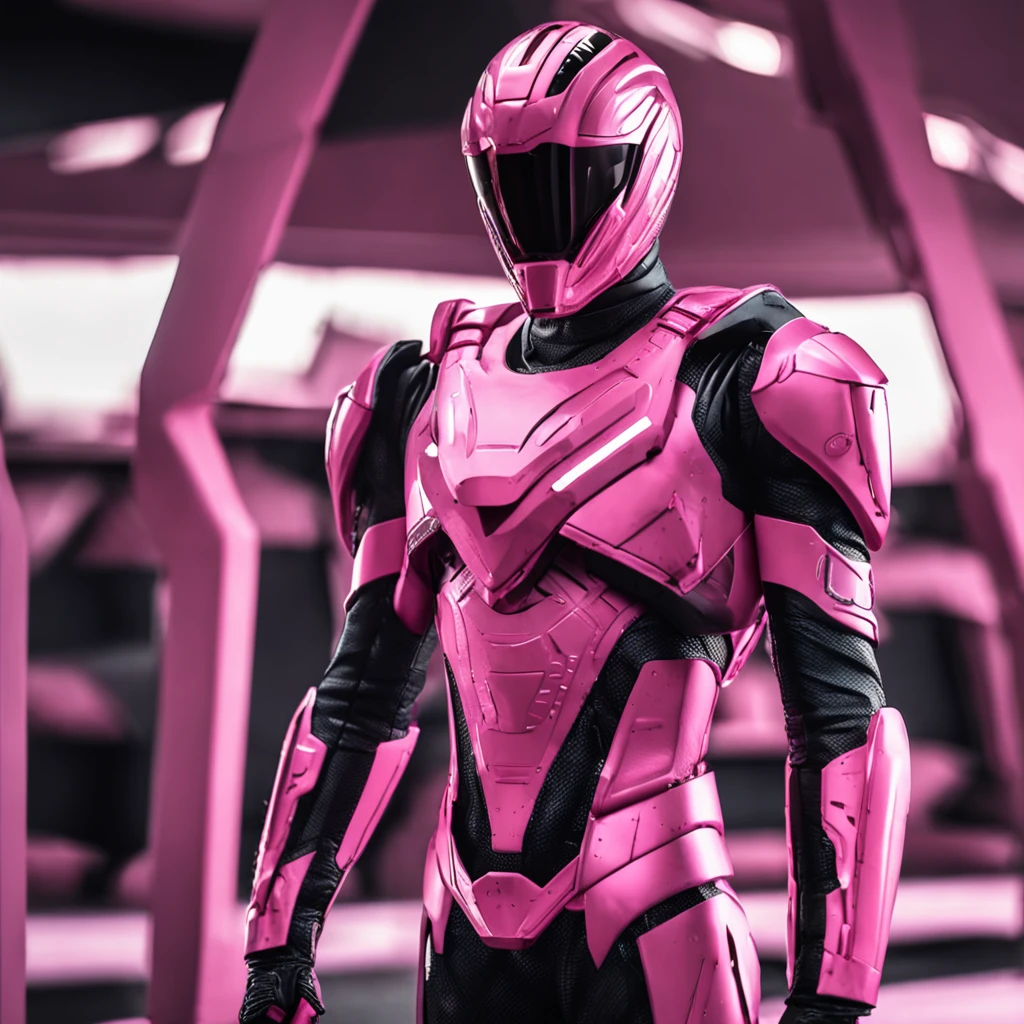Portrait of futuristic pink Power Ranger from space, fashion, editorial, fotografia editorial, capa de revista, 4k, boneca, intricate details, black studio background, fundo preto, black background ::n_ low quality, full body, face, signature, mark, watermark, text, deformed, deformed eyes, deformed helmet, fundo rosa, pink background