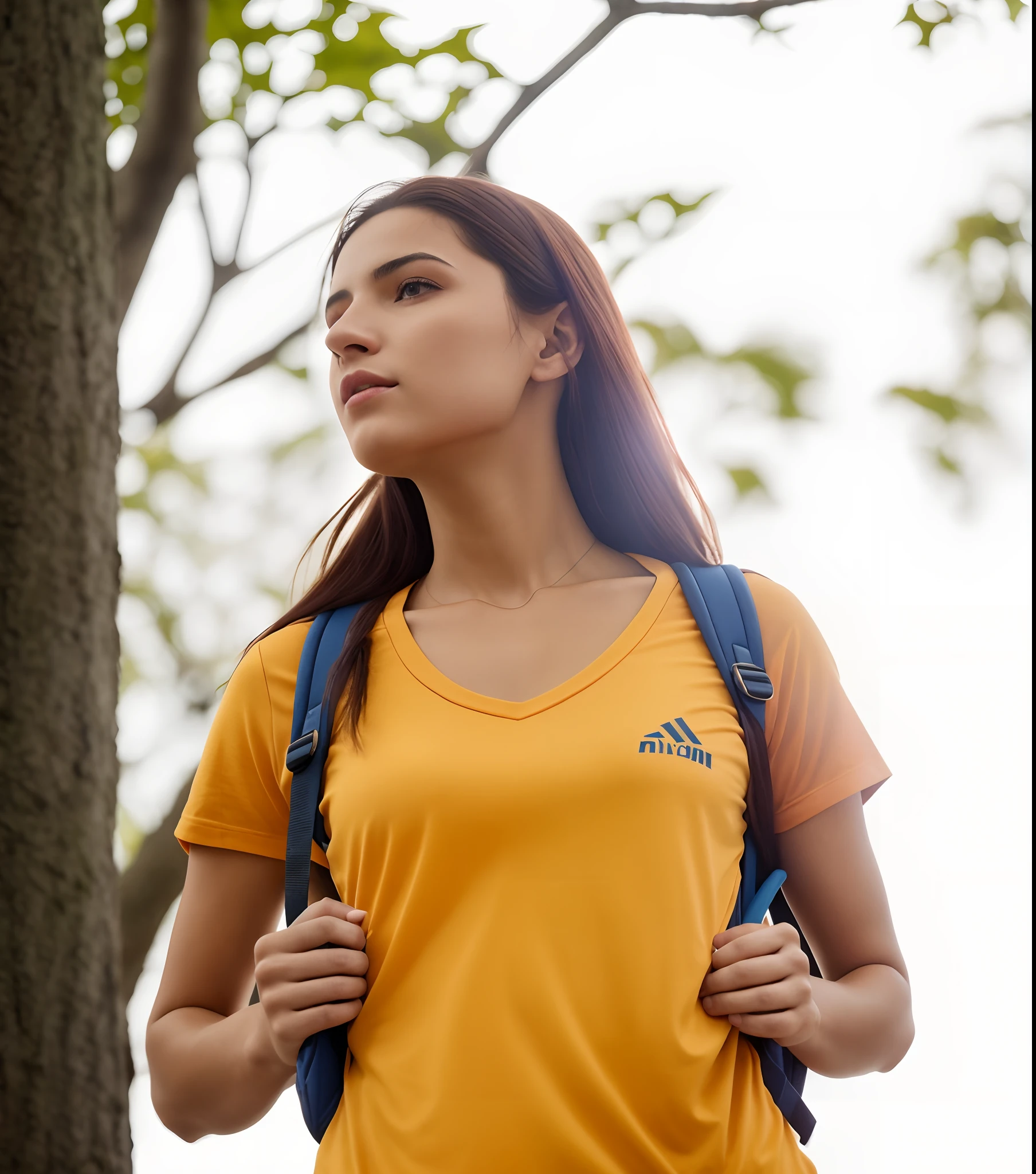 A beautiful woman with a backpack standing in front of a tree, Mulher nova olhando para cima, vestindo uma camiseta amarela moderna, menina que caminha na floresta, foto da mulher jovem, Retrato lateral de uma menina que caminha, Mulher nova do alerta, infp mulher jovem, vestindo uma camiseta laranja, young  woman, olhando para longe, looking away from camera, usando um capuz amarelo, fotografiarrealista, fotografia, obra-prima, realista, Realismo, renderizado, Alto contraste, Arte Digital, fotográficorealista, trend in Artstation 8k HD, high definiton, circunstanciado, Realistic, detalhada, textura da pele, hiperdetalhada, Textura realista da pele, melhor qualidade, ultra high-resolution, (fotografiarrealista: 1.4), alta resolução, detalhada, fotografia crua, Crisp resolution, nikon d850 filme, fotografia de stock 4, Kodak Portra 400 Camera F1 Lens.6, textura hiper realista, lighting dramatic, Unrealistic trend in Artstation Cinestill 800, RAW. Directed by: Lee Jeffries.