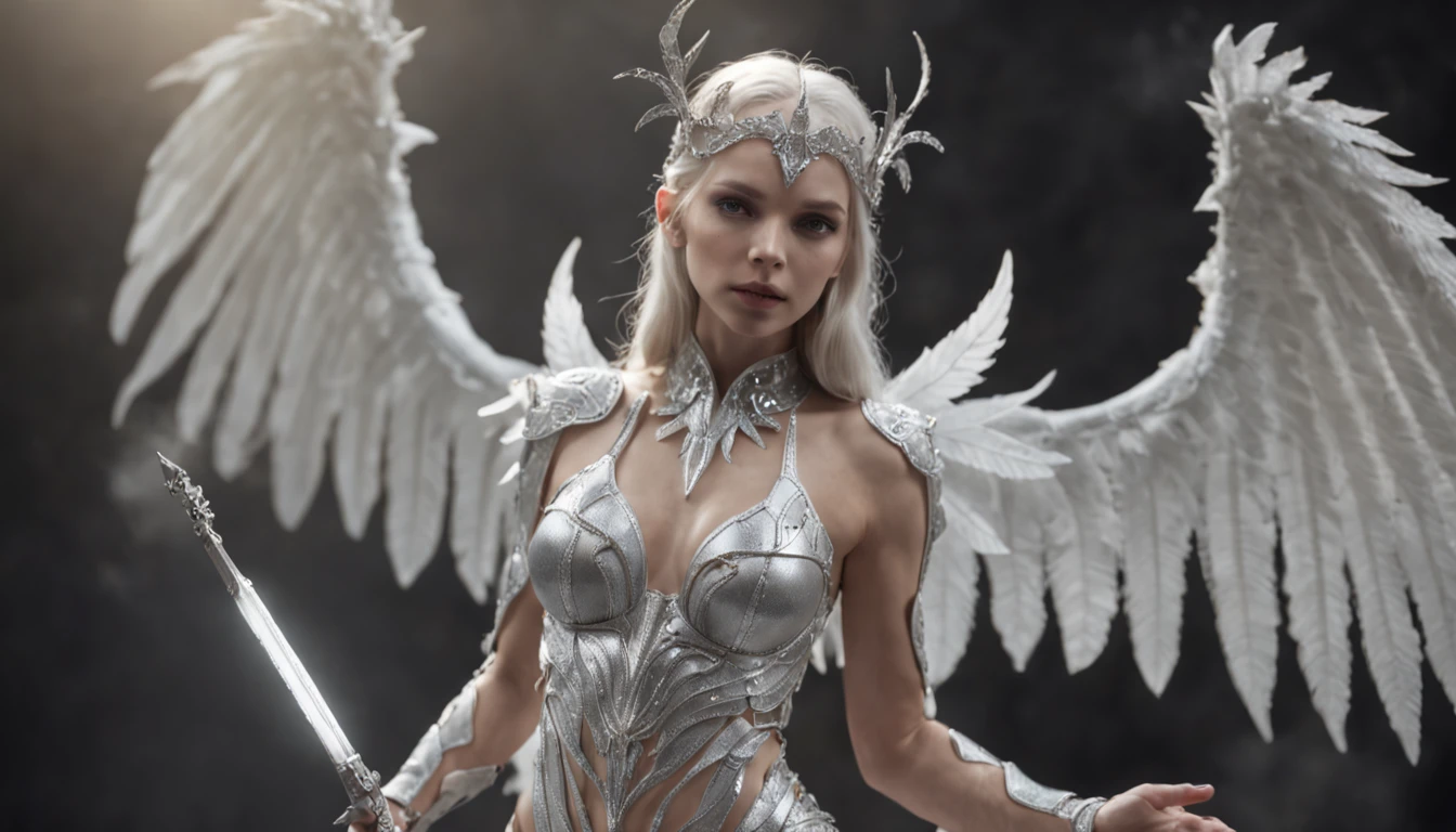 A blindfolded female fairy with silver crystal wings wearing gleaming white armor wielded a luminous spear that emanates a lot of darkness and a strong shield that the harder rock poses while radiating an aura of negative horror around it, ((roupas apertadas, see through, camelo, Bodysuit, topless))