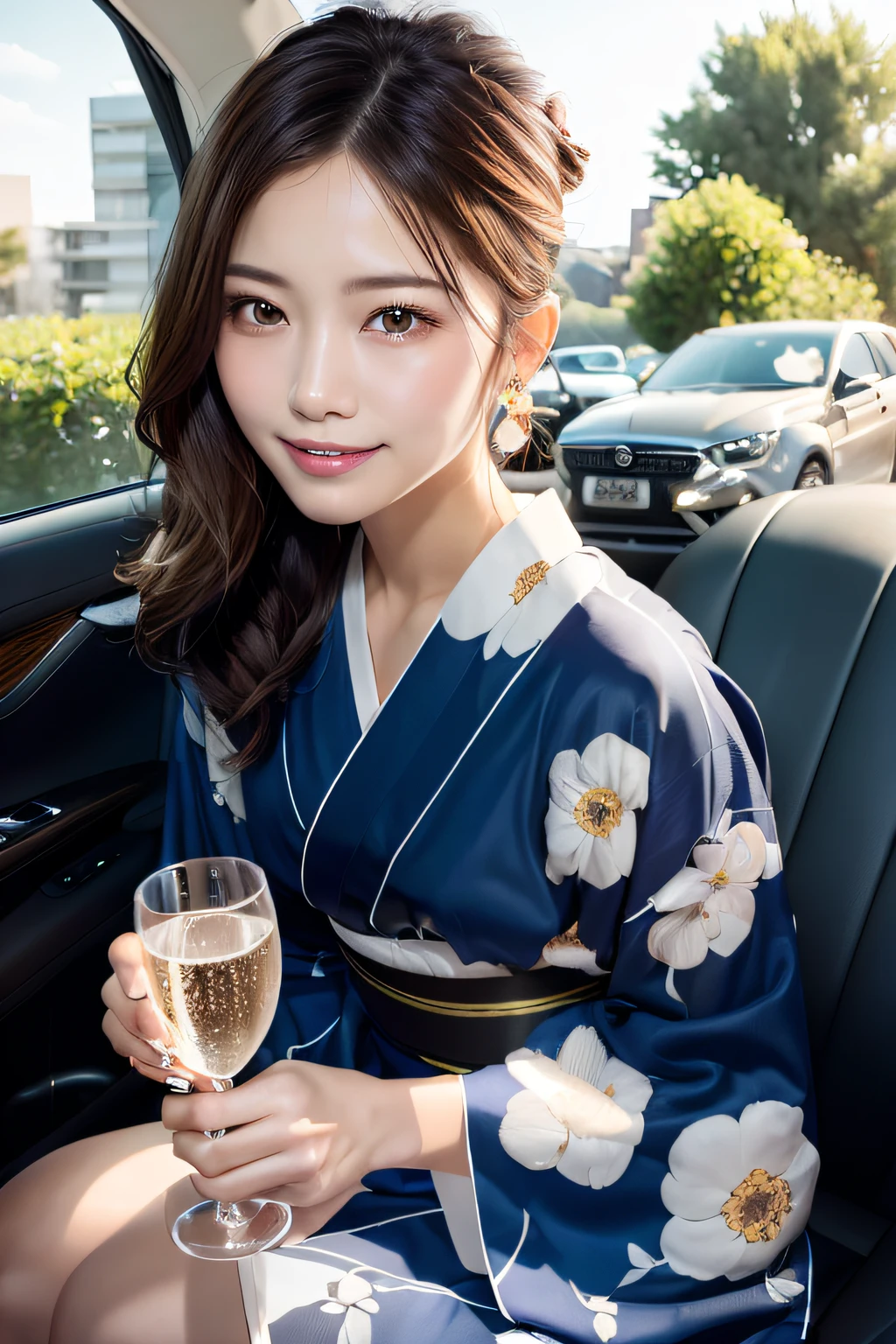 first-person-view, (masterpiece:1.3), high resolution, ultra detailed, extremely detailed CG unity 8k wallpaper, realistic, photo-realistic, RAW photo, beautiful detailed face, pale skin, realistic glistening skin, detailed cloth texture, detailed hair texture, Perfect body, Beautiful Face, accurate, Anatomically correct, Highly detailed face and skin texture, natural neck length, (beautiful hands), (fair skin:1.2), Thin legs, Thin feet, Well-aligned teeth,
BREAK,
Detailed eyes, symmetric eyes, Light Brown eyes, Double eyelids, Thin eyebrows, (Glossy lips:1.4), ((Gently smile:1.2)), (blush:1.1), (A sparkling small hair accessory:1.1),
BREAK,
(A classy and Beautiful girl:1.3), (1 girl, solo), (Wearing A classy navy blue yukata with white flower patterns:1.3),
BREAK,
medium large breasts, slender figure, firm abs, beautiful clavicle, ((updo hairstyle:1.2)), (Dark blonde hair), ((wavy hair, long hair:1.2)),
(Upper body shot:1.2), looking at viewer, From below,
BREAK,
((Sitting side by side on the luxury wide seat of car:1.2)), ((To toast with a champagne glass at Night:1.3)),