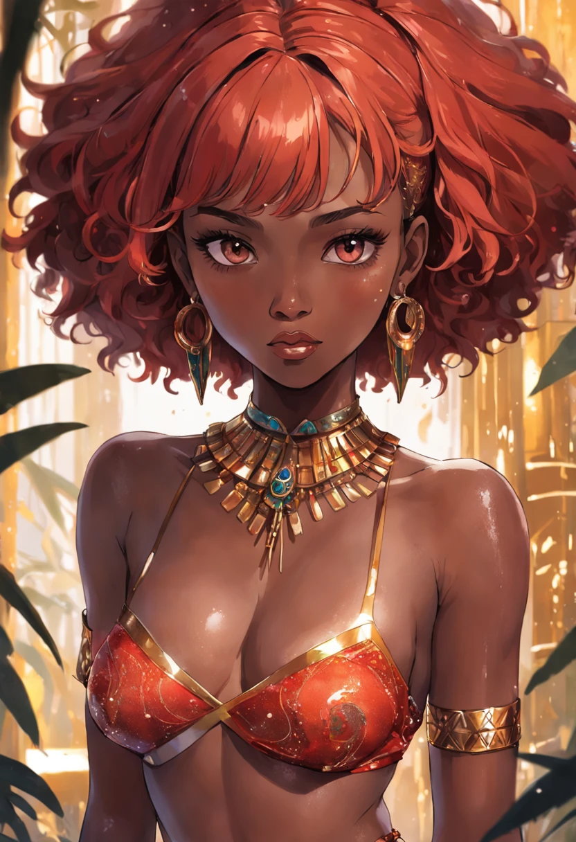 "Art africa official party, beautiful and aesthetic, black woman, masterpiece, beautiful detailed Eyes, Perfect eyes , Liam Wong, 1 brunette girl, (((red hair))), (((African))), bare shoulders,Super detailed eyes, African culture, short skirt, sexy, navel, very detailed,(highly detailed skin: 1.2), shiny skin, oily skin, wet skin, African city in the background, colorful party,Masterpiece, best quality, ultra high-resolution detailed illustration with a focus on portrait. Artlist_Milli-Liter, watercolor style, ink style, sketch style,Primary works,(its distinctive appearance and personality shining through: 1.1) , ( a snapshot capturing the ethereal allure of the black woman within the enchanting forest:1.1)),Arte Oficial, Beautiful and Aesthetic, 512 mil, Juju,silky hair, shiny hair, small waist, extremely beautiful, skin texture, dark skin tone, extremely defined body, athletic body. Wearing well detailed and refined chest and shorts. She is seated on a majestic and exquisite throne with precious stones, gold and silver detailed throne, red cushioned throne. Extremely detailed image.perfect_hands, hand-painted lines, Edge line, ink mark, Pencil line, vivid colors. Detailed depiction of girls wearing frilled clothes and featuring beautifully detailed skin."Juju