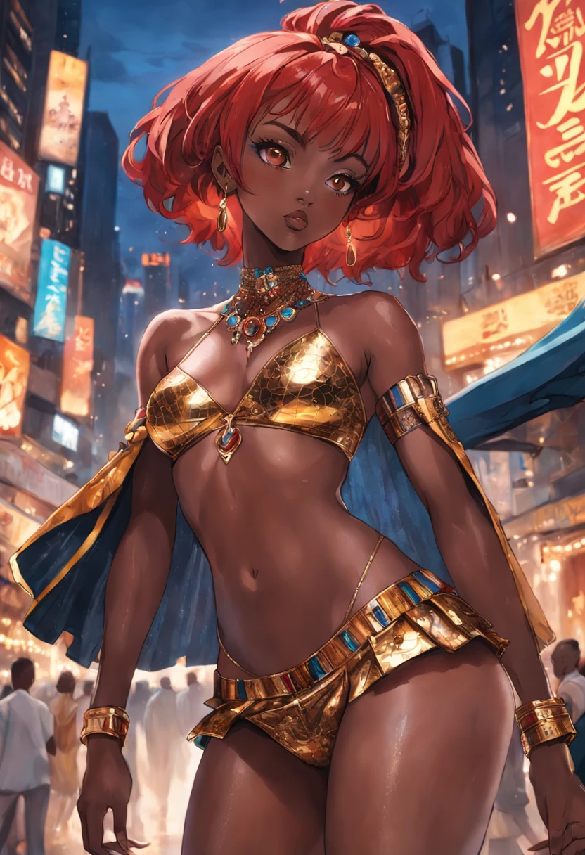 "Art africa official , beautiful and aesthetic, black woman, masterpiece, beautiful detailed Eyes, Perfect eyes , Liam Wong, 1 brunette girl, (((red hair))), (((African))), bare shoulders,Super detailed eyes, African culture, short skirt, sexy,vel, very detailed,(highly detailed skin: 1.2), shiny skin, oily skin, wet skin, African city in the background, colorful party,Maiece, best quality, ultra high-resolution detailed illustration with a focus on portrait. Artlist_Milli-Liter, watercolor style, ink style, sketch style,Primary works,(its distinctive appearance and personality shining through: 1.1) , ( a snapshot capturing the ethereal allure of the black woman within the enchanting forest:1.1)),Arte Oficial, Beautiful and Aesthetic, 512 mil, Juju,silky hair, shiny hair, small waist, extremely beautiful, skin texture, dark skin tone, extremely defined body, athletic body. Wearing well detailed and refined chest and shorts. She is seated on a majestic and exquisite throne with precious stones, gold and silver detailed throne, red cushioned throne. Extremely detailed image.perfect_hands, hand-painted lines, Edge line, ink mark, Pencil line, vivid colors. Detailed depiction of girls wearing frilled clothes and featuring beautifully detailed skin."Juju