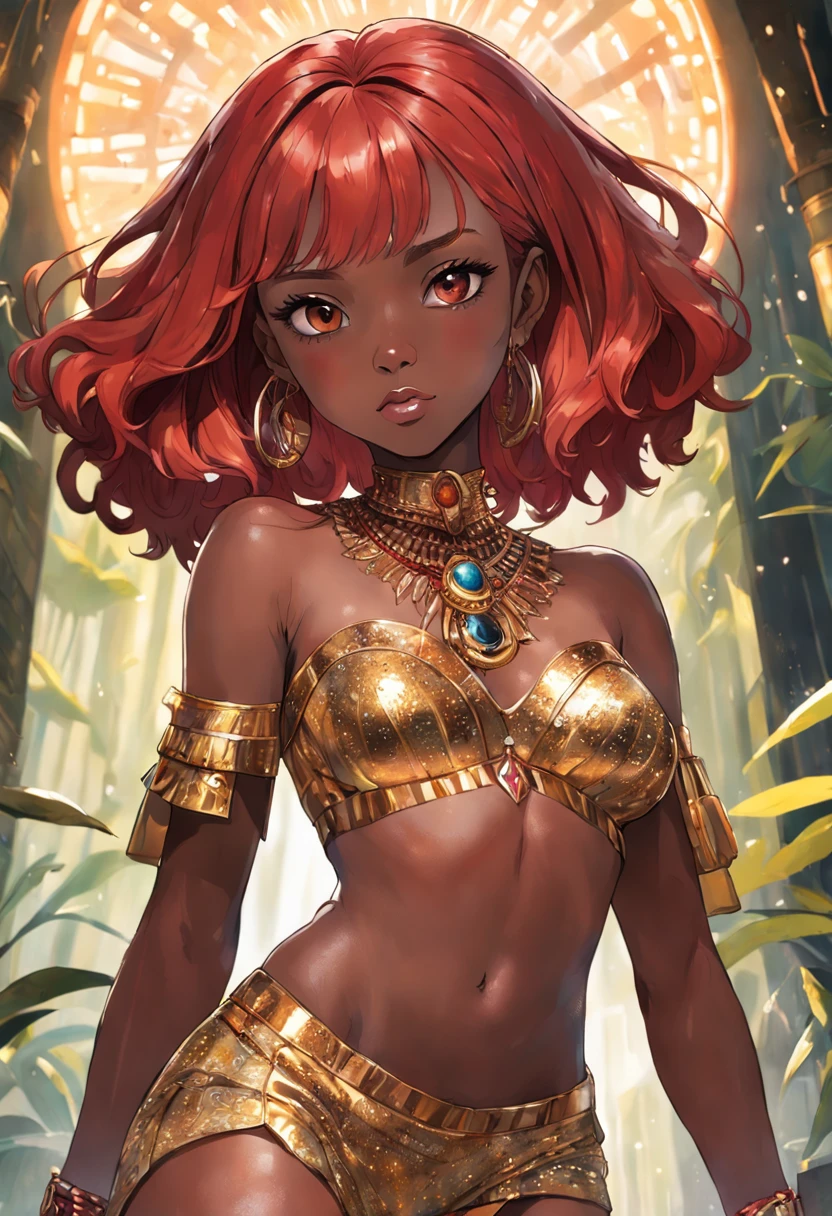 "Art africa official party, beautiful and aesthetic, black woman, masterpiece, beautiful detailed Eyes, Perfect eyes , Liam Wong, 1 brunette girl, (((red hair))), (((African))), bare shoulders,Super detailed eyes, African culture, short skirt, sexy, navel, very detailed,(highly detailed skin: 1.2), shiny skin, oily skin, wet skin, African city in the background, colorful party,Masterpiece, best quality, ultra high-resolution detailed illustration with a focus on portrait. Artlist_Milli-Liter, watercolor style, ink style, sketch style,Primary works,(its distinctive appearance and personality shining through: 1.1) , ( a snapshot capturing the ethereal allure of the black woman within the enchanting forest:1.1)),Arte Oficial, Beautiful and Aesthetic, 512 mil, Juju,silky hair, shiny hair, small waist, extremely beautiful, skin texture, dark skin tone, extremely defined body, athletic body. Wearing well detailed and refined chest and shorts. She is seated on a majestic and exquisite throne with precious stones, gold and silver detailed throne, red cushioned throne. Extremely detailed image.perfect_hands, hand-painted lines, Edge line, ink mark, Pencil line, vivid colors. Detailed depiction of girls wearing frilled clothes and featuring beautifully detailed skin."Juju