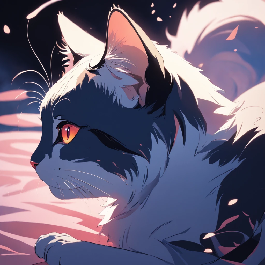 Cat in art, Main color Black, Secondary colorBlue, Pastel pink background, artistic, Sophisticated, Warm style, Shapes include abstract cats, Playful forms, Elegant piece, Textures include fur textures, Smooth paint, Texture of the fabric, The lines contain graceful lines, Natural curves, Delicate silhouette, The shape is elegant, approachable, Expressive, Aesthetic.