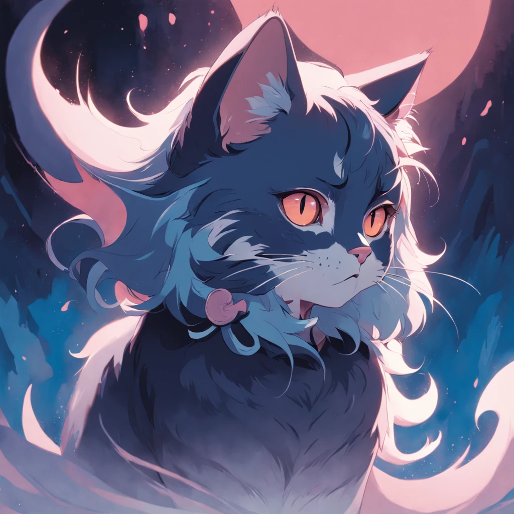 Cat in art, Main color Black, Secondary colorBlue, Pastel pink background, artistic, Sophisticated, Warm style, Shapes include abstract cats, Playful forms, Elegant piece, Textures include fur textures, Smooth paint, Texture of the fabric, The lines contain graceful lines, Natural curves, Delicate silhouette, The shape is elegant, approachable, Expressive, Aesthetic.