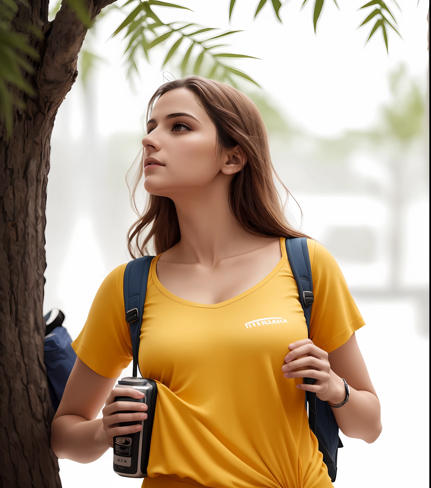 A beautiful woman with a backpack standing in front of a tree, Mulher nova olhando para cima, vestindo uma camiseta amarela moderna, menina que caminha na floresta, foto da mulher jovem, Retrato lateral de uma menina que caminha, Mulher nova do alerta, infp mulher jovem, vestindo uma camiseta laranja, young woman, olhando para longe, looking away from camera, usando um capuz amarelo, fotografiarrealista, fotografia, obra-prima, realista, Realismo, renderizado, Alto contraste, Arte Digital, fotográficorealista, trend in Artstation 8k HD, high definiton, circunstanciado, Realistic, detalhada, textura da pele, hiperdetalhada, Textura realista da pele, melhor qualidade, ultra high-resolution, (fotografiarrealista: 1.4), alta resolução, detalhada, fotografia crua, Crisp resolution, nikon d850 filme, fotografia de stock 4, Kodak Portra 400 Camera F1 Lens.6, textura hiper realista, lighting dramatic, Unrealistic trend in Artstation Cinestill 800, RAW. Directed by: Lee Jeffries.