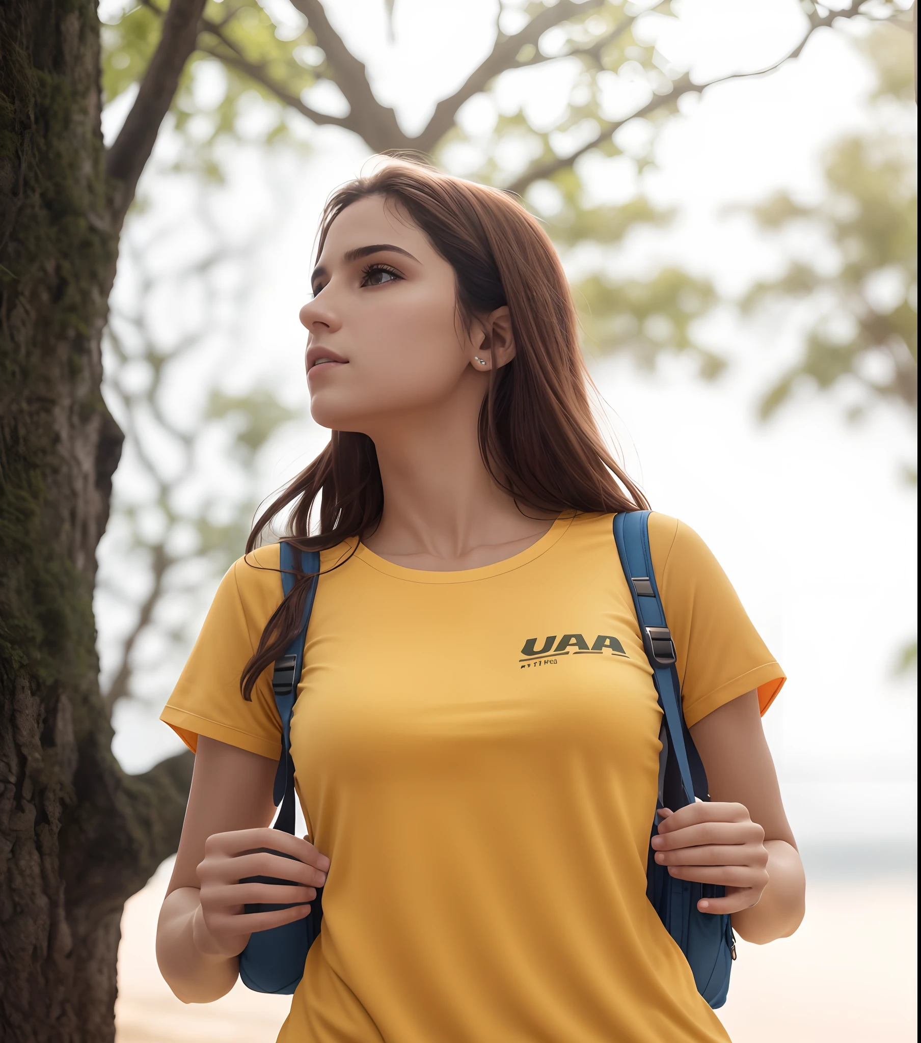 A beautiful woman with a backpack standing in front of a tree, Mulher nova olhando para cima, vestindo uma camiseta amarela moderna,  que caminha na floresta, foto da mulher jovem, Retrato lateral de uma meninaaminha, Mulher nova do alerta, infp mulher jovem, vestindo uma camiseta laranja, young  woman, olhando para longe, looking away from camera, usando um capuz amarelo, fotografiarrealista, fotografia, obra-prima, realista, Realismo, renderizado, Alto contraste, Arte Digital, fotográficorealista, trend in Artstation 8k HD, high definiton, circunstanciado, Realistic, detalhada, textura da pele, hiperdetalhada, Textura realista da pele, melhor qualidade, ultra high-resolution, (fotografiarrealista: 1.4), alta resolução, detalhada, fotografia crua, Crisp resolution, nikon d850 filme, fotografia de stock 4, Kodak Portra 400 Camera F1 Lens.6, textura hiper realista, lighting dramatic, Unrealistic trend in Artstation Cinestill 800, RAW. Directed by: Lee Jeffries.
