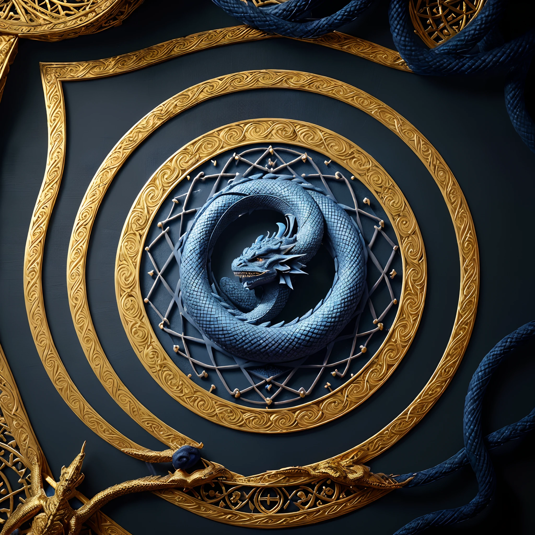 Craft an intricate logo for an Instagram page called 'Den of Gold.' Integrate detailed sacred geometry elements in a mesmerizing indigo hue, elegantly intertwined with the lifelike depiction of a dragon. Use a 1:1 ratio for sizing, ensuring the logo is visually balanced and engaging. Employ a color scheme of gold, white, and black to evoke a sense of grandeur and mystery, capturing the essence of the den's allure