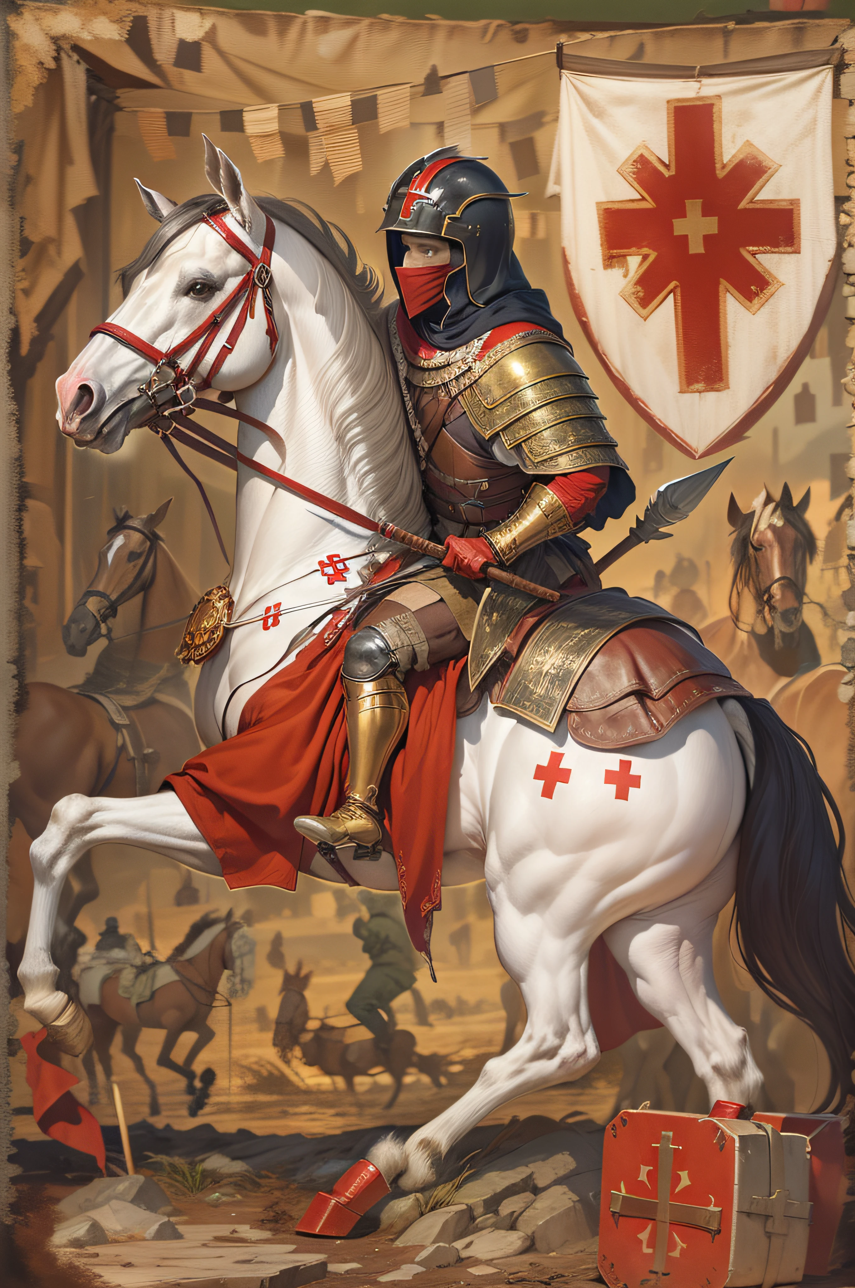 medieval warrior man, mounted on a horse, wearing armor, helmet covers his face, shield in one hand and a spear in the other not, clothes with a red cross, horse with a white cape