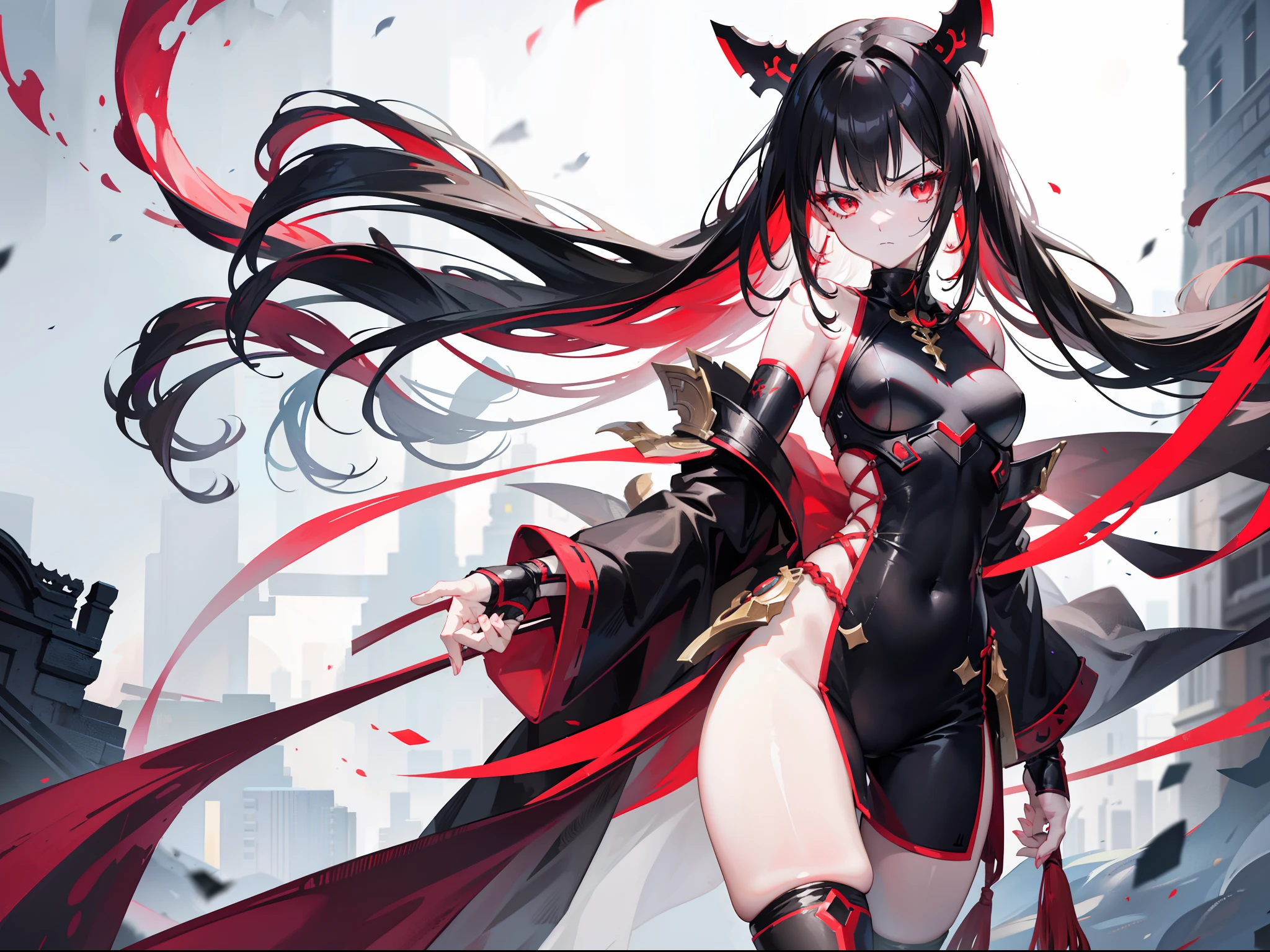 Anime teen girl, Black and red armor with leggings, red hand and thigh decorations, tied black hair, hair accessories, red eyes, gold ear decorations, nose, frowning, pale skin, feet accessories, neck, shoulders, small chest, arms, hands emitting energy, thin waist, legs, big thigh, bare round feet, cute, red stripes on armor, burning marble temple, standing dominantly, cinematic light, high resolution, highest quality, ultra detailed, detailed face, (detailed eyes), best quality, hyper detailed, masterpiece, (detailed face), clean face, detailed eyes