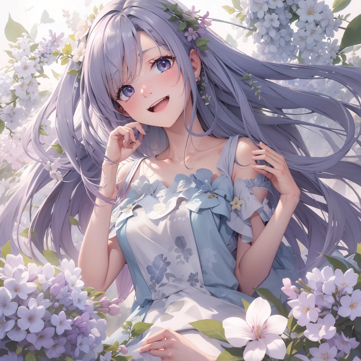 concept art,highly great resolution, female, high school student, oriented, charming, crystal clear eyes ,pretty nose ,around   colorful flowers ,well-proportion ,innocent, laughing,  long  lilac hair, topless blue dress, realistic illustration , higher detail ,  feel ecstasy , cute face , fairly,  making love, spot light , Kpop idle , JPOP idle, vocaloid, pull down arm ,beautiful holiness