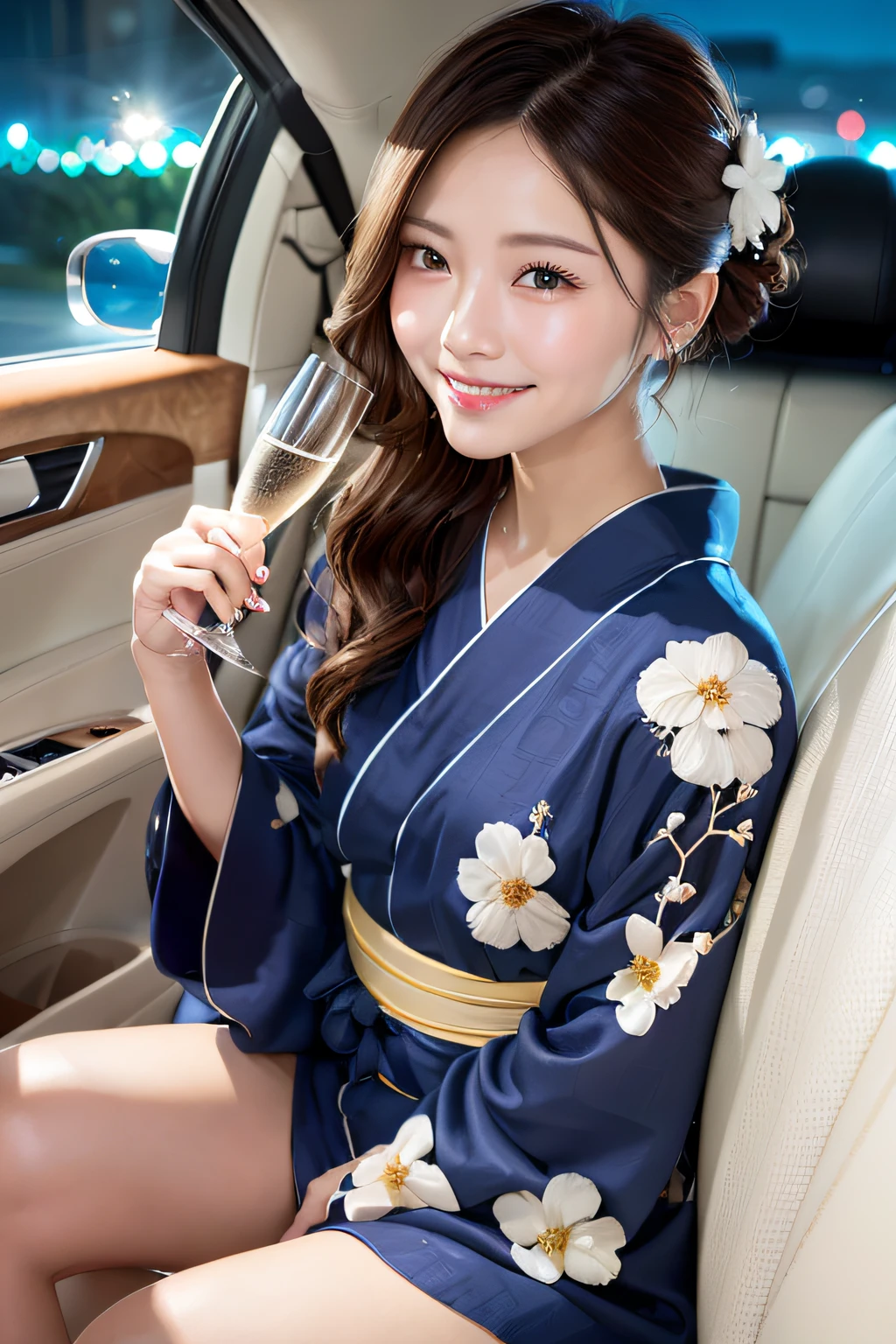 first-person-view, (masterpiece:1.3), high resolution, ultra detailed, extremely detailed CG unity 8k wallpaper, realistic, photo-realistic, RAW photo, beautiful detailed face, pale skin, realistic glistening skin, detailed cloth texture, detailed hair texture, Perfect body, Beautiful Face, accurate, Anatomically correct, Highly detailed face and skin texture, natural neck length, (beautiful hands), (fair skin:1.2), Thin legs, Thin feet, Well-aligned teeth,
BREAK,
Detailed eyes, symmetric eyes, Light Brown eyes, Double eyelids, Thin eyebrows, (Glossy lips:1.4), ((Gently smile:1.2)), (blush:1.1), (A sparkling small hair accessory:1.1),
BREAK,
(A classy and Beautiful girl:1.3), (1 girl, solo), (Wearing A classy navy blue yukata with white flower patterns:1.3),
BREAK,
medium large breasts, slender figure, firm abs, beautiful clavicle, ((updo hairstyle:1.2)), (Dark blonde hair), ((wavy hair, long hair:1.2)),
(Close up shot:1.2), Look at me with upturned eyes,
BREAK,
((Sitting close to me on the luxury wide seat of car:1.2)), ((To toast with a champagne glass at Night:1.3)),