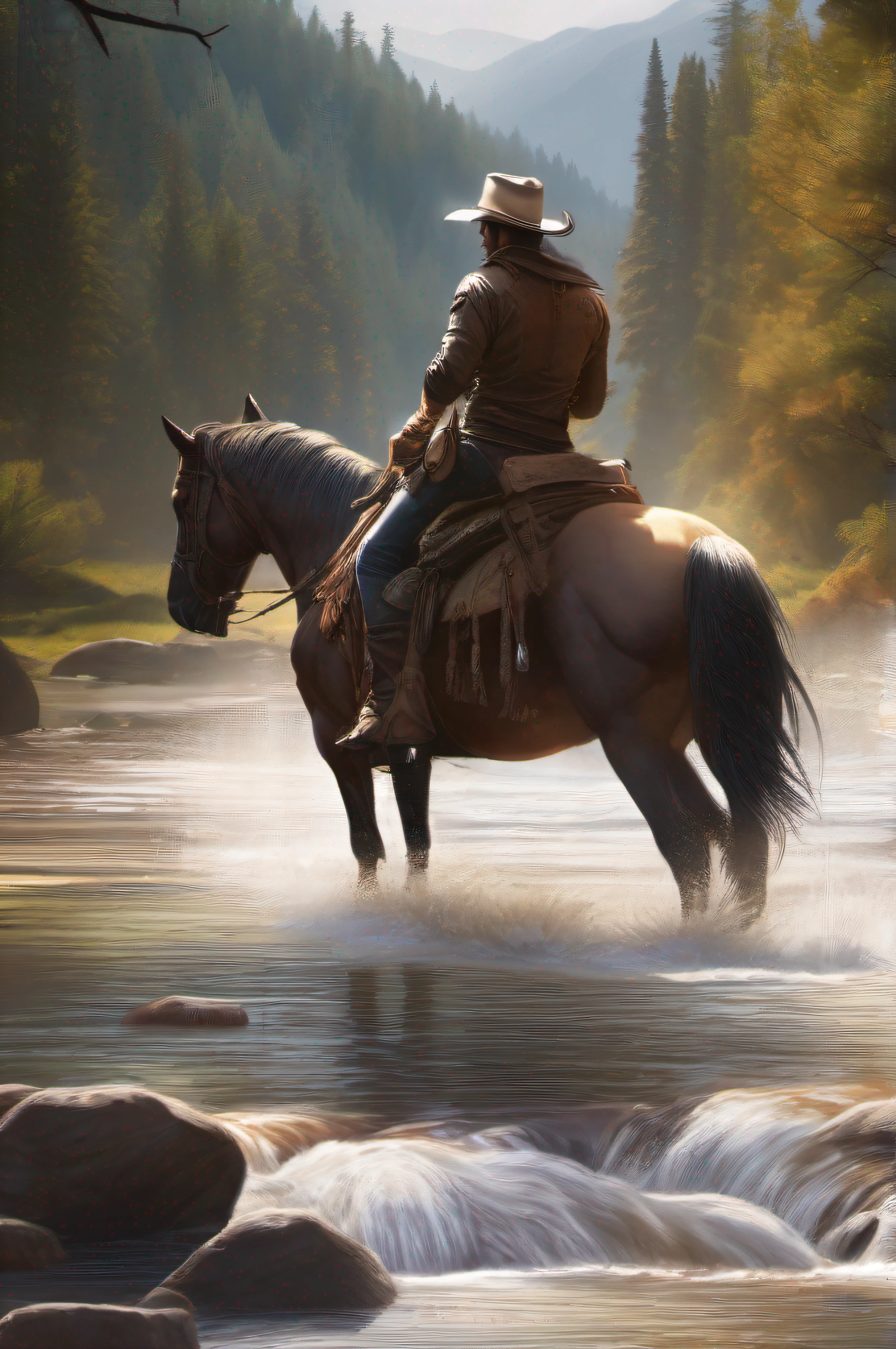 There's a cowboy on his back on top of a horse crossing a shallow river 4K resolution