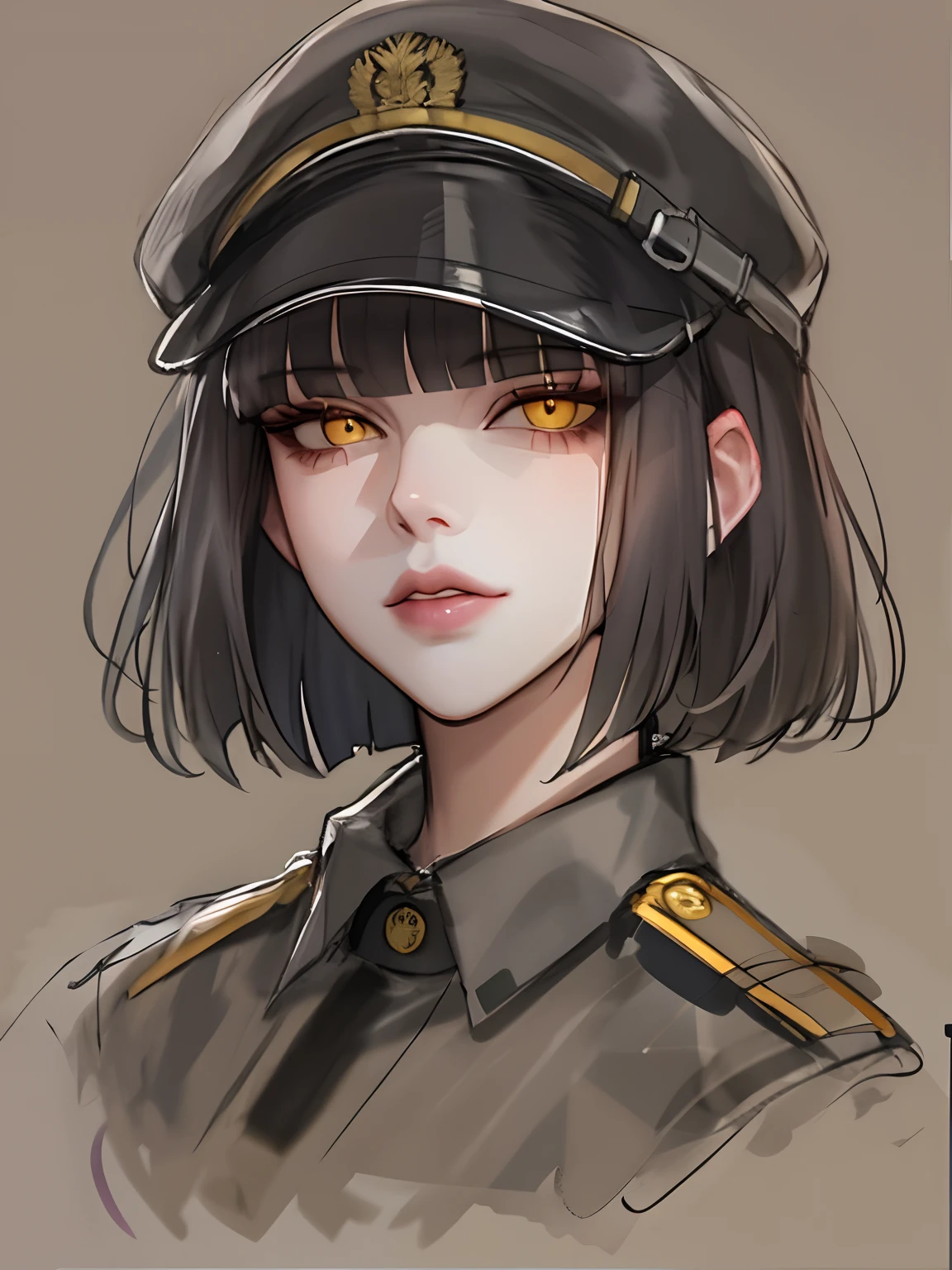 1girl, villainy, Yellow eyes, Bangs, blunt bangs, bob cut, closed mouth, lips, looking a viewer, Portrait, Short hair, Sketch, 独奏, black military uniform, Portrait