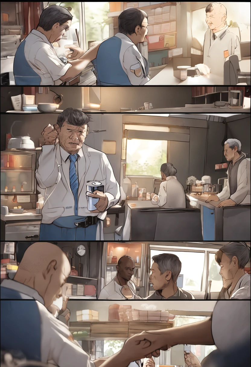 4K、Raw photo、Photoreal Stick、hight resolution、Men in Japan、a handsome、skin head、Care worker、Use your smartphone at a nursing home and ask for delivery