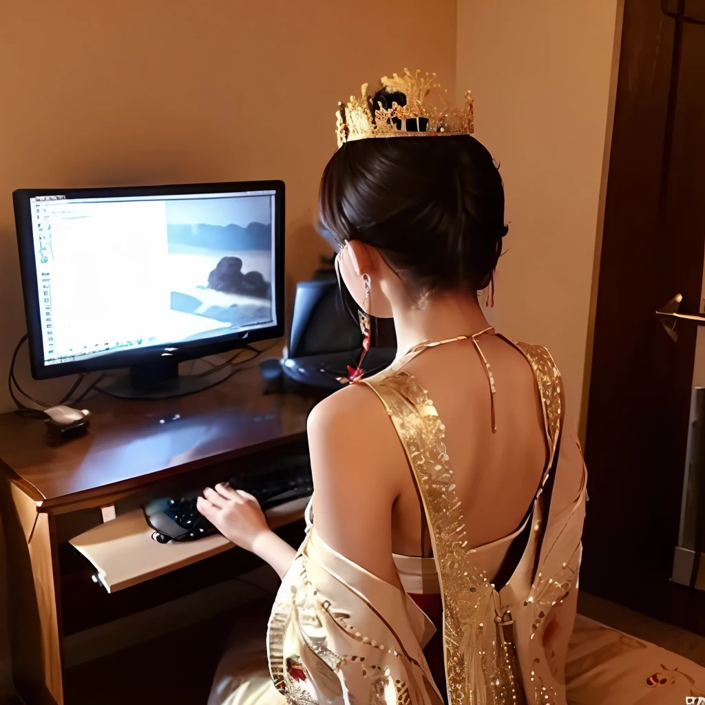 1girll,playgame,From behind,Large monitor,computer keyboard,Red and gold dress,tiara