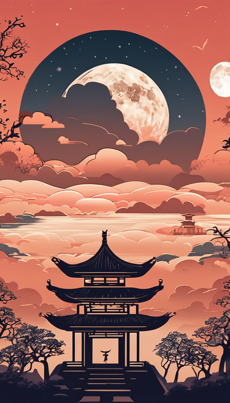 An idyllic Chinese mural, A huge full moon in the sky,Silhouette of a rabbit in the moon,Wine,Moon cake,Light white style, Layered landscape, japanese style art, monumental murals, Ricoh FF-9D, Golden Age aesthetics, Exotic landscape
