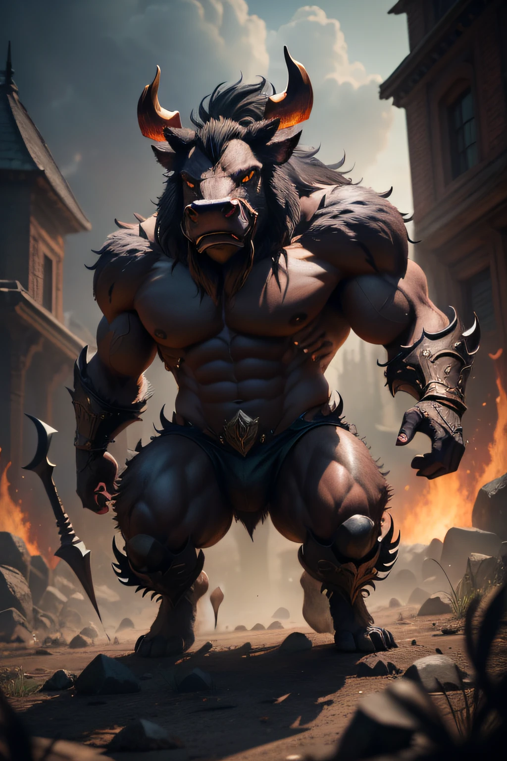 wild boar-demon, infernal background, masterpiece, 3d render, high quality, high detailed, epic, dynamic effect, specular lighting, hdr, 8k full body picture quality, nanite raytraced, 8k resolution, intricate, dramatic, best quality, ultra high res, nu no humans, illustration, rich colors and exaggerated shapes,
