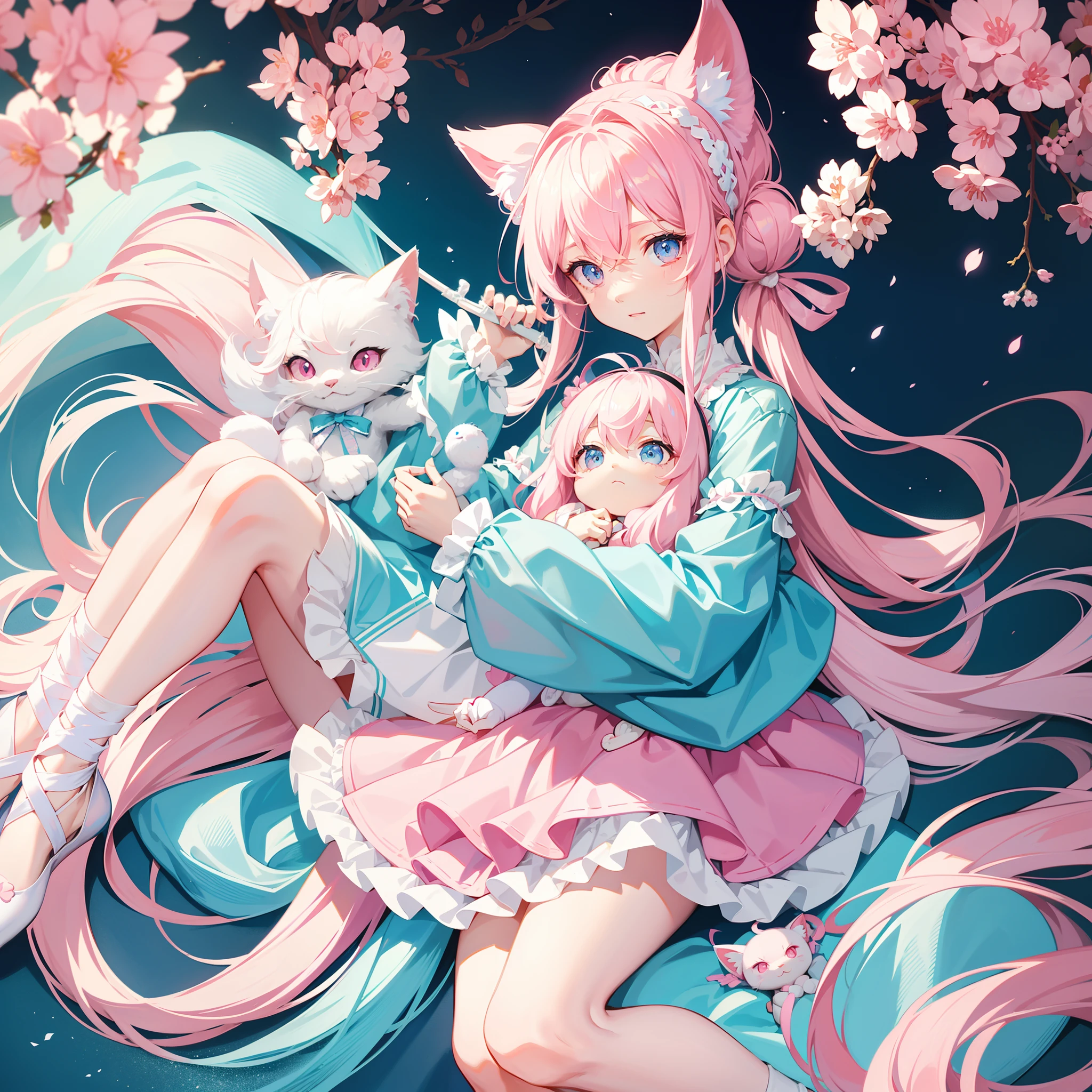 light blue long hair,Pale pink eyes,The hair was tied up with two pink headbands,Falls on the chest,Often wears a white shirt and pink kitten slippers。Beautifully painted,Holding a black kitten doll in his hand,Extremely delicate and beautiful eyes,best qualityer,tmasterpiece,illustratio,Extreme graphics