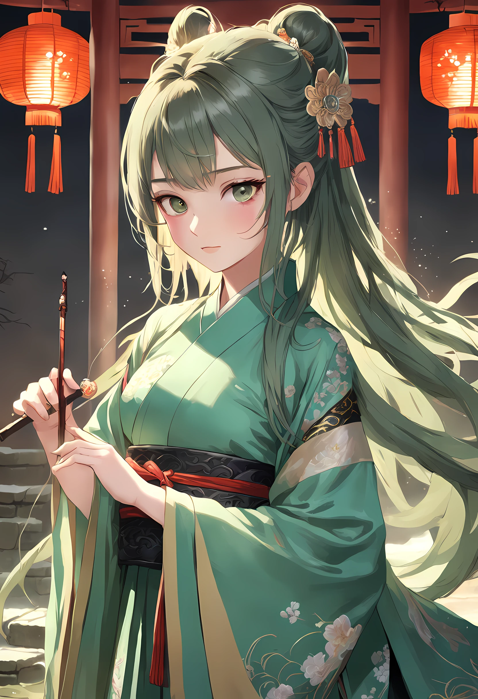 Ancient Hanfu，Huan Xi Sha，Robes，Skirt，Ōhakama，dunhuang，Wide robe with large sleeves，Step shake，Flowers，Ming subdued Han uniform，Exocet suit，Ming dynasty green floor makeup flower yarn python skirt，Female general，Goddess of War，Whole body diagram，head to toe，Bunched hair，crown of head，Hanfu，Armour，heroic look，Cold and glamorous，Indifferent eyes，Extremely beautiful，ancient battle field，ride horse，Ancient wars，slaughter，Handsome，Mature woman，Noble temperament，beautiful and seductive，knight-errant，High ponytail，Peerless beauty，Fine，perfect bodies，hair adornments，long whitr hair，Absolutely beautiful，agent，Black belly，Ace，Smile，the detail，Perfect details，holding a longsword，Detail portrayal