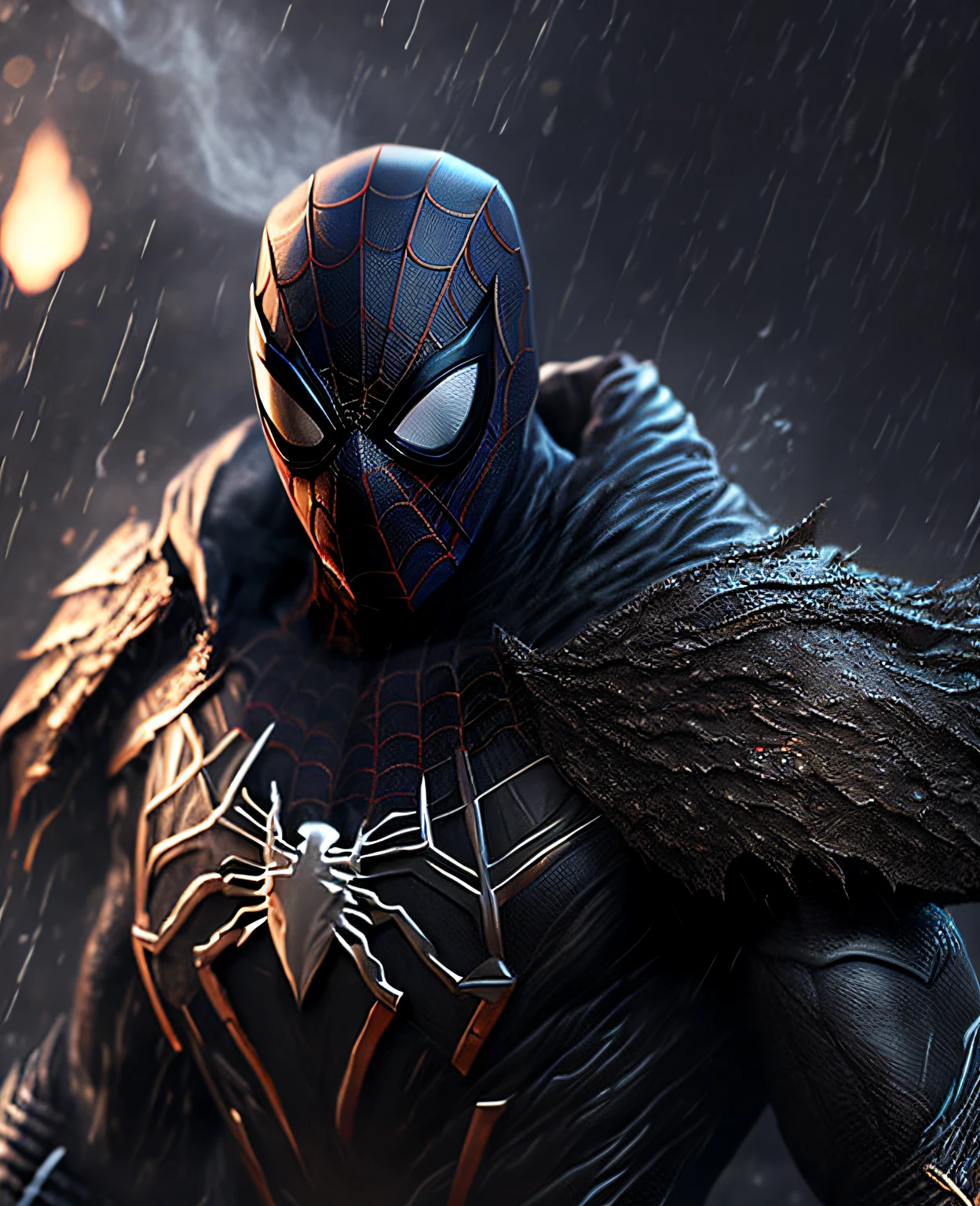 Close-up (black Spider-Man from Marvel in Viking style: 1.3) emerging from wet black mud, extremely detailed, smoke, sparks, metal shavings, flying debris, volumetric light