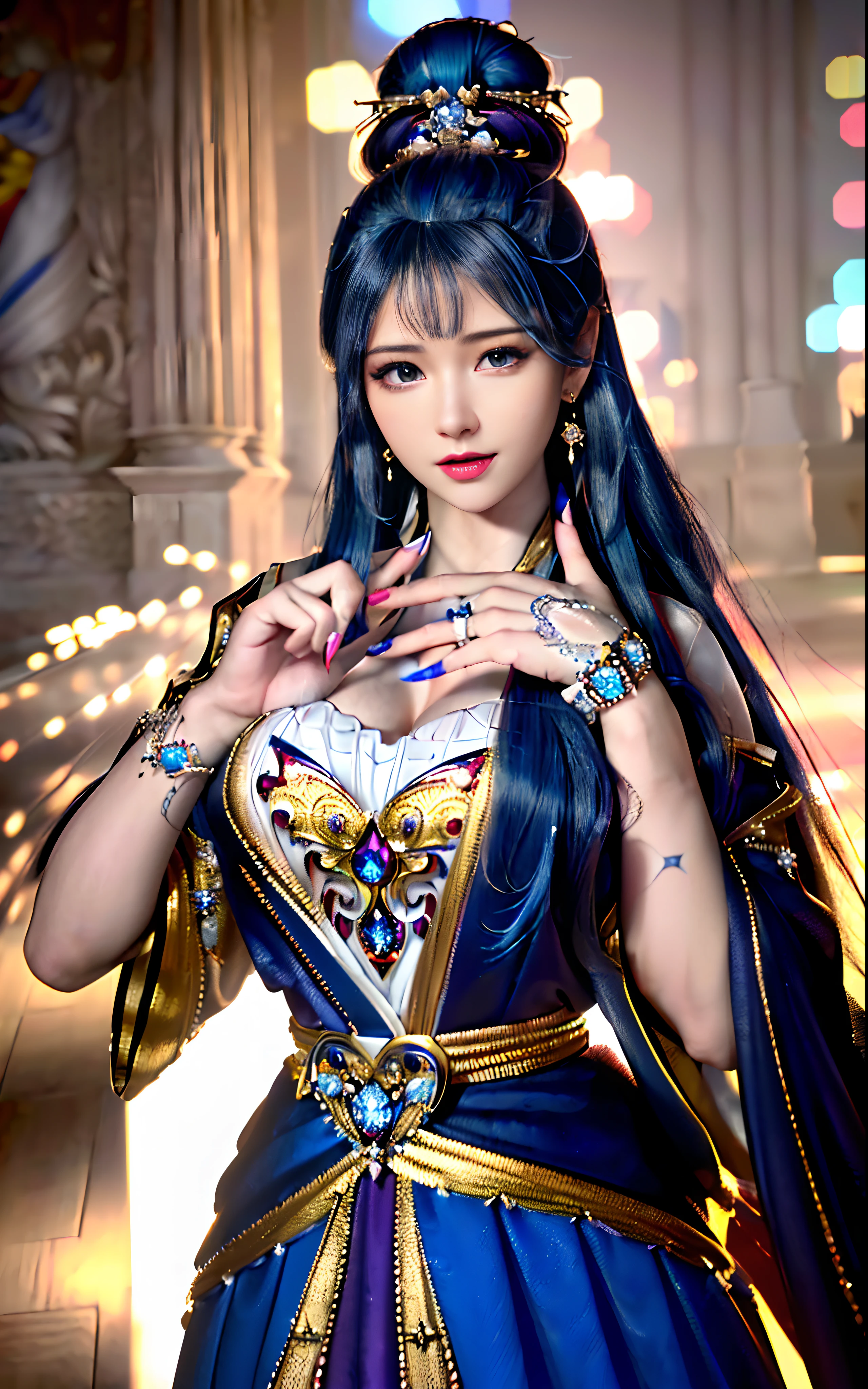 ((realisticity: 1.2)), ((realistic: 8K UHD)), ((best resolution: 8K UHD)), hyper detailed, best quality,masterpiece,highres,cg, ((1 girl hyper detailed and hyper realistic) ) , ((beautiful queen, hyper realistic and hyper detailed)),((white skin, beautiful, smooth, youthful, hyper realistic and hyper detailed )), ((Face hyper beautiful, white, hyper realistic and hyper detailed ) ), long hair, ((hyper realistic and hyper detailed dress)), solo, ((hyper realistic, hyper beautiful, beautiful and hyper detailed jewelry)), ((hyper beautiful deep red and golden yellow dress, hyper realistic and hyper detailed )) , ((Her pretty, hyper realistic, hyper detailed diamond filled earrings)), ((Her gorgeous diamond haircut, hyper realistic and hyper detailed)), ((hyper pretty upper body, hyper beautiful, hyper realistic and hyper detailed) ), ((medium breast: 1.1)), ((hyper realistic, hyper pretty, hyper detailed boobs)), ((the backgroun of the royal palace is hyper majestic, hyper realistic and hyper detailed)),((hands and palms hyper beautiful, hyper detailed, hyper realistic)), ((hyper detailed and hyper realistic fingers and fingernails)), ((hyper pretty fingernails, hyper vivid, hyper detailed, hyper realistic)), ((thumb, index finger, middle finger, ring finger, little finger hyper vivid, hyper pretty, hyper detailed, hyper realistic)),
((hyper beautiful fingers, hyper detailed, and hyper realistic)), ((posture not too fat and not too thin, hyper realistic, hyper detail)), ((hyper pretty, hyper pretty, hyper realistic and hyper detailed hair bun)), ((hyper pretty , hyper realistic and hyper detailed blue hair)), candid, Photo, high resolution, 8k , bokeh,