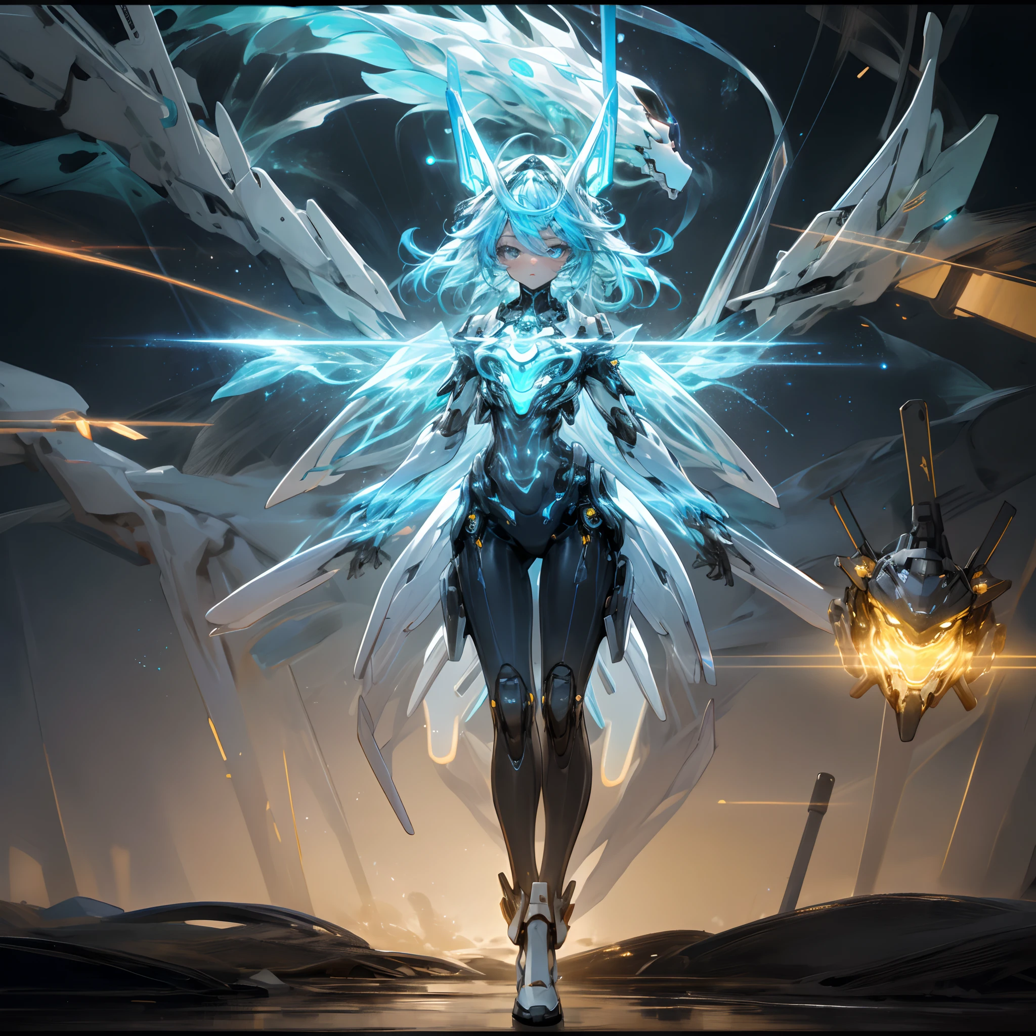 (masterpiece, highest quality: 1.3), (16k, high resolution: 1.3), beautiful teen girl, mechanical body, transparent skin, cinematic light, bioluminescence, very cute and beautiful korean woman Idol, full body, staring at the viewer, dignified eyes full of determination,