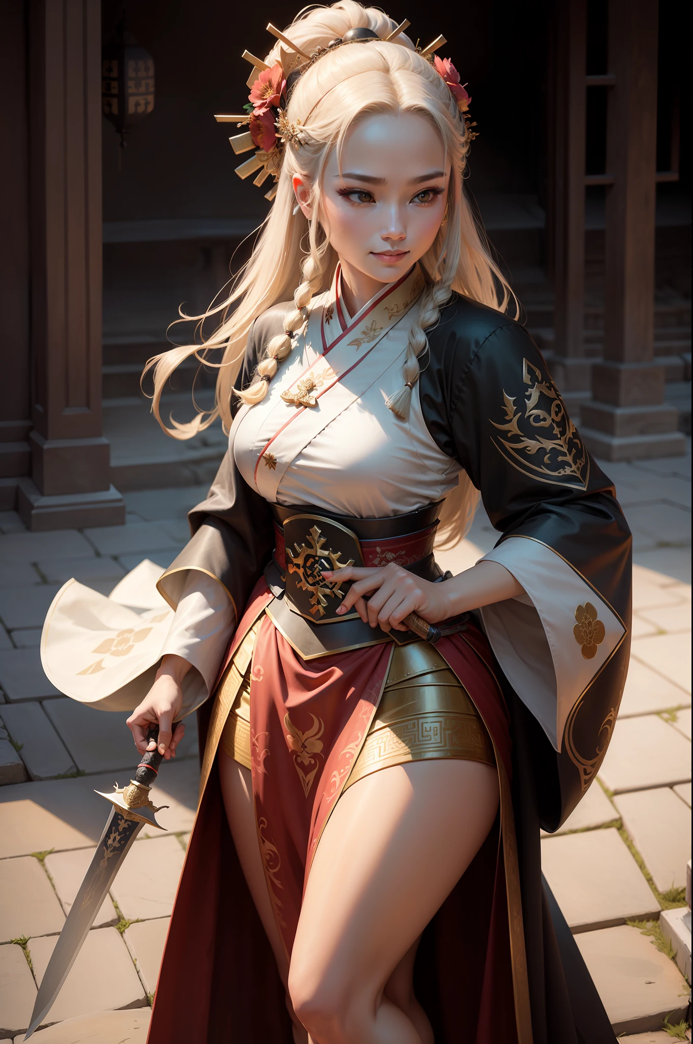 Ancient Hanfu，Huan Xi Sha，Robes，Skirt，Ōhakama，dunhuang，Wide robe with large sleeves，Step shake，Flowers，Ming subdued Han uniform，Exocet suit，Ming dynasty green floor makeup flower yarn python skirt，Female general，Goddess of War，Whole body diagram，head to toe，Bunched hair，crown of head，Hanfu，Armour，heroic look，Cold and glamorous，Indifferent eyes，Extremely beautiful，ancient battle field，ride horse，Ancient wars，slaughter，Handsome，Mature woman，Noble temperament，beautiful and seductive，knight-errant，High ponytail，Peerless beauty，Fine，perfect bodies，hair adornments，long whitr hair，Absolutely beautiful，agent，Black belly，Ace，Smile，the detail，Perfect details，holding a longsword，Detail portrayal
