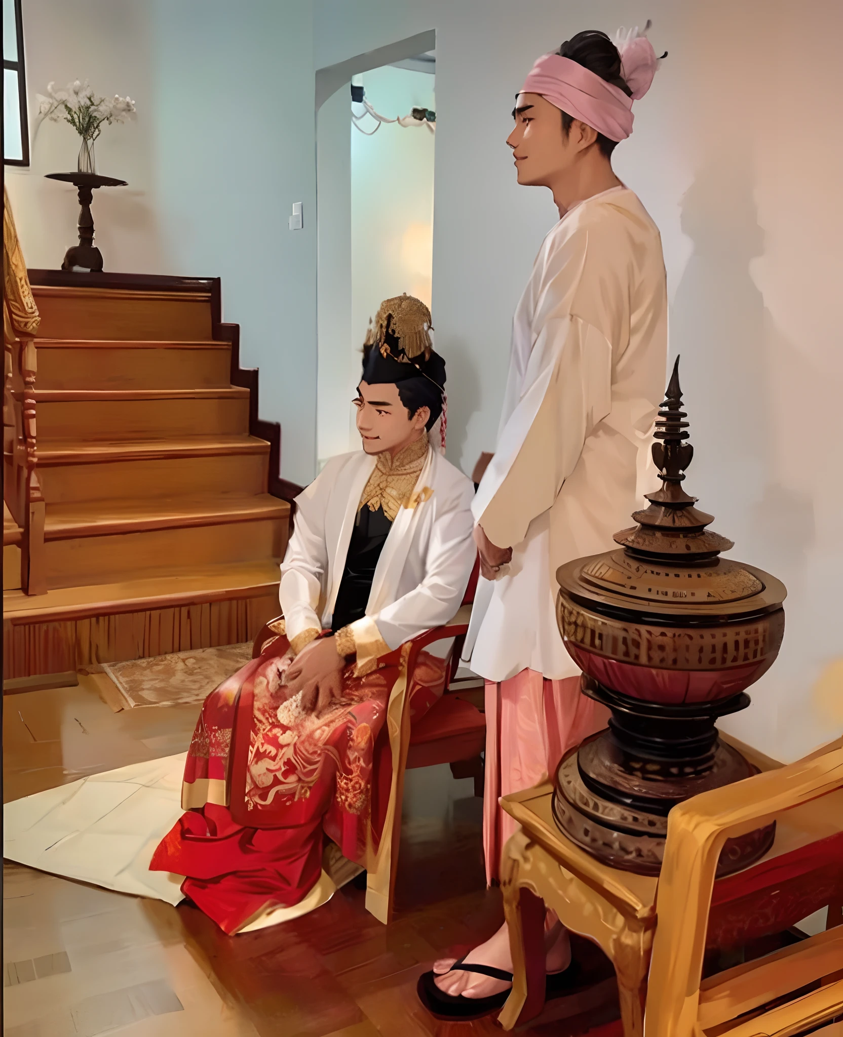 there is a man and woman sitting on a chair in a room, sukhothai costume, in style of thawan duchanee, barong family, barong family member, royal elegant pose, couple, backdrop, traditional, traditional clothing, south east asian with long, inspired by Sasha Putrya, traditional clothes, traditional dress, lovely couple, full protrait