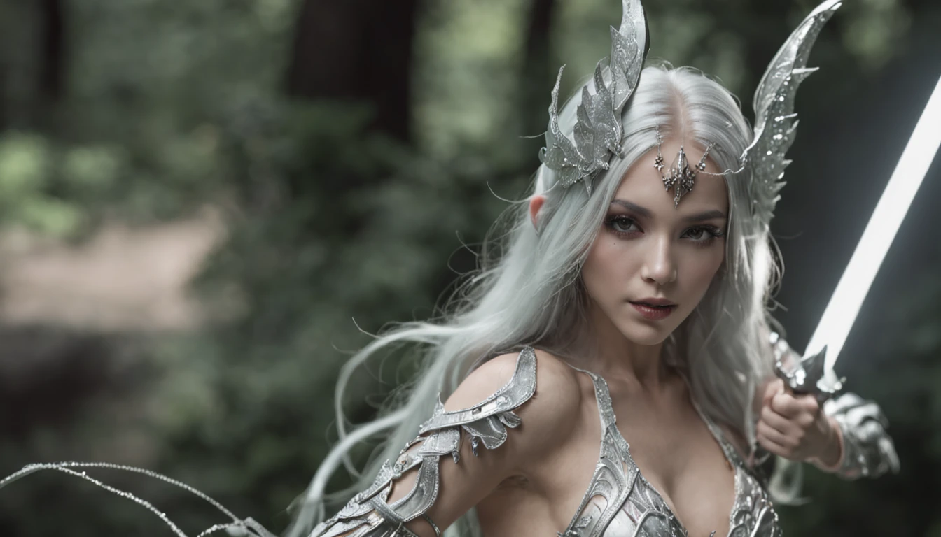 A female fairy with long platinum green hair blindfolded with silver crystal wings wearing gleaming white armor wielded a luminous spear that emanates a lot of darkness and a strong shield that the harder rock poses while radiating an aura of negative horror around it, ((roupas apertadas, see through, camelo, Bodysuit, topless))