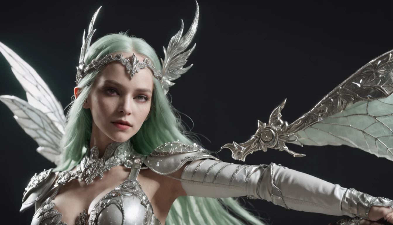A female fairy with long platinum green hair blindfolded with silver crystal wings wearing gleaming white armor wielded a luminous spear that emanates a lot of darkness and a strong shield that the harder rock poses while radiating an aura of negative horror around it, ((roupas apertadas, see through, camelo, Bodysuit, topless))