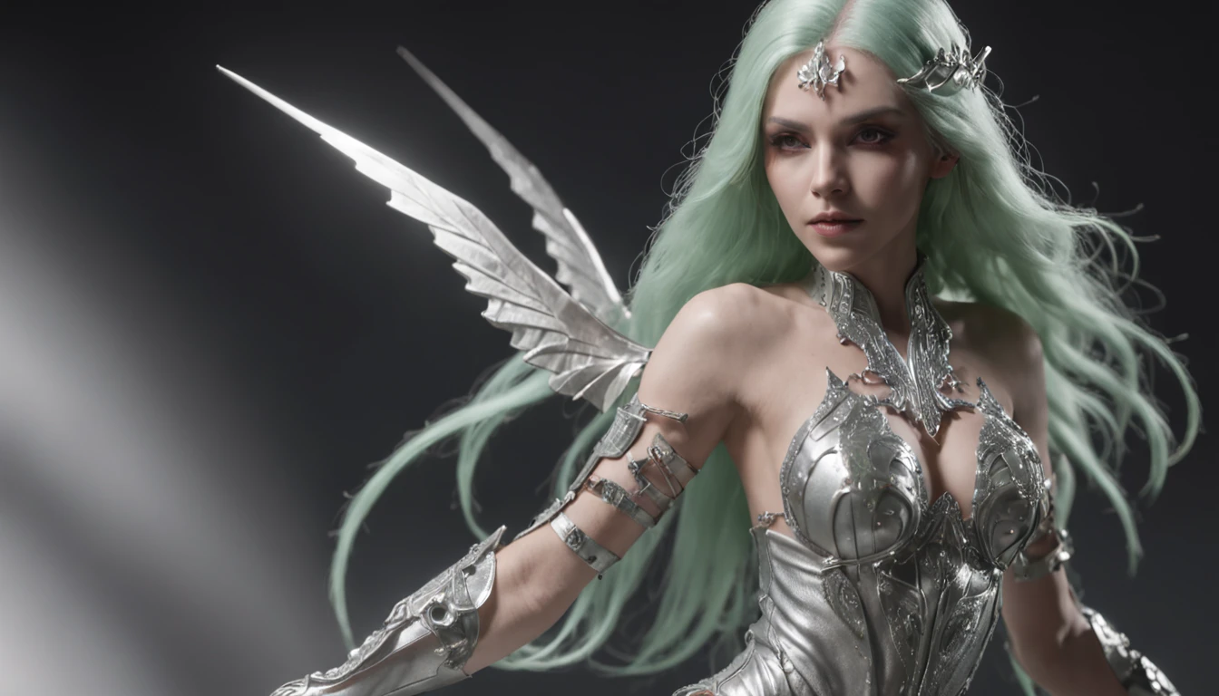 A female fairy with long platinum green hair blindfolded with silver crystal wings wearing gleaming white armor wielded a luminous spear that emanates a lot of darkness and a strong shield that the harder rock poses while radiating an aura of negative horror around it, ((roupas apertadas, see through, camelo, Bodysuit, topless))