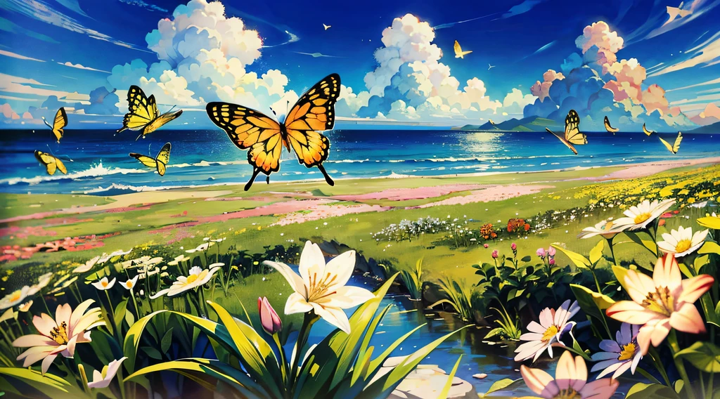 (Mono Color:0.9),(a color:1.1),(tmasterpiece:1,2), best qualtiy, tmasterpiece, High- sharpness, Original, extremelydetailedwallpaper,From the picture, We can see the trees on the shore towering into the clouds,The branches are full of flowers,Flocks of butterflies dance among the flowers,In this garden-like world,It looks even more beautiful and sacred,cinema shot