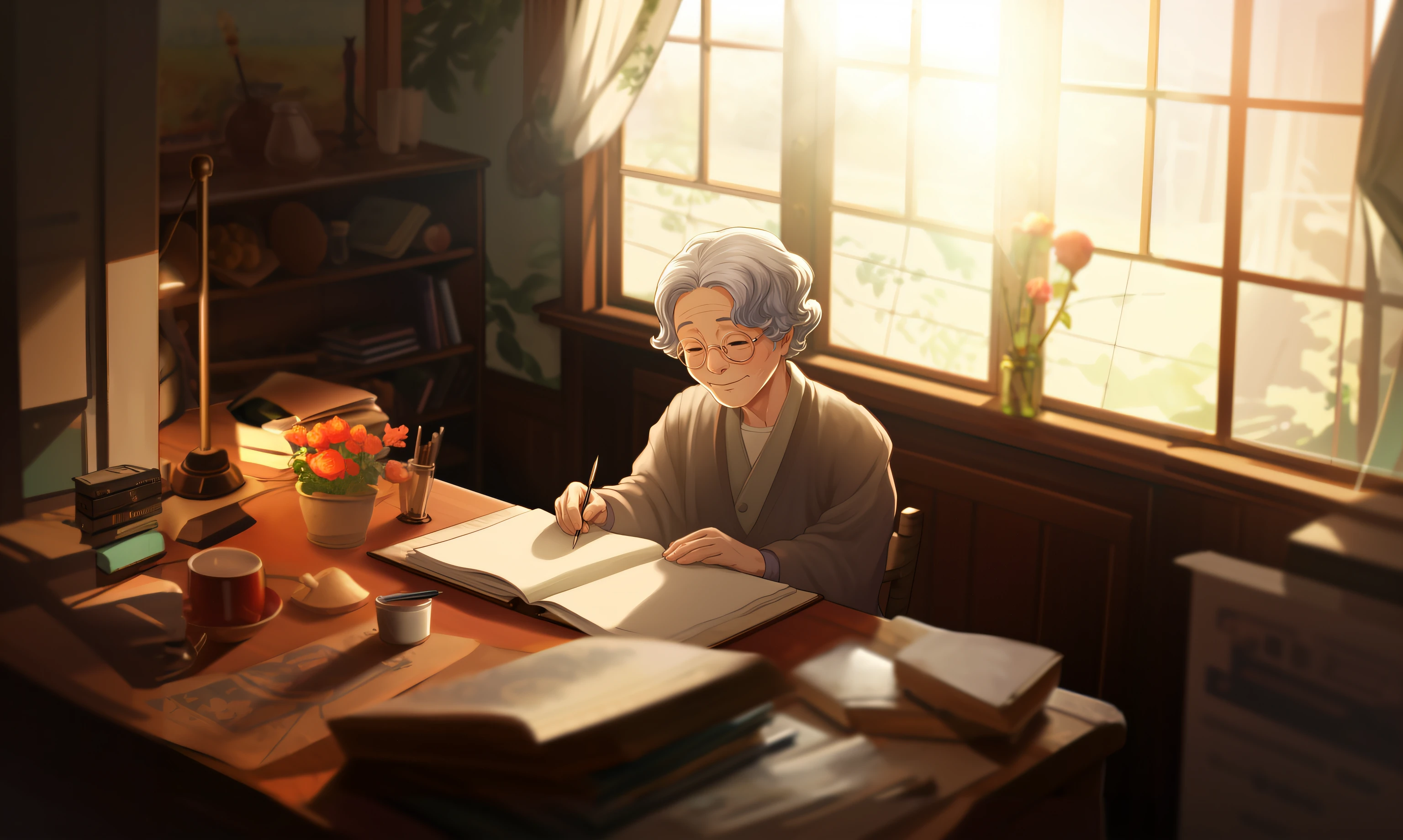 There was a woman sitting at her desk writing a book, Detailed fanart, drawn in anime painter studio, by Ni Yuanlu, inspired by the senior character artist, Beautiful illustration, author：Zhang Shengqi, radiant morning light, inspired by senior environment artist, made with anime painter studio, Detailed 2D illustration, Shouko Nishimiya, A beautiful artwork illustration