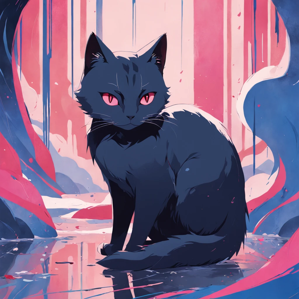 Cat in art, Main color Black, Secondary colorBlue, Pastel pink background, artistic, Sophisticated, Warm style, Shapes include abstract cats, Playful forms, Elegant piece, Textures include fur textures, Smooth paint, Texture of the fabric, The lines contain graceful lines, Natural curves, Delicate silhouette, The shape is elegant, approachable, Expressive,