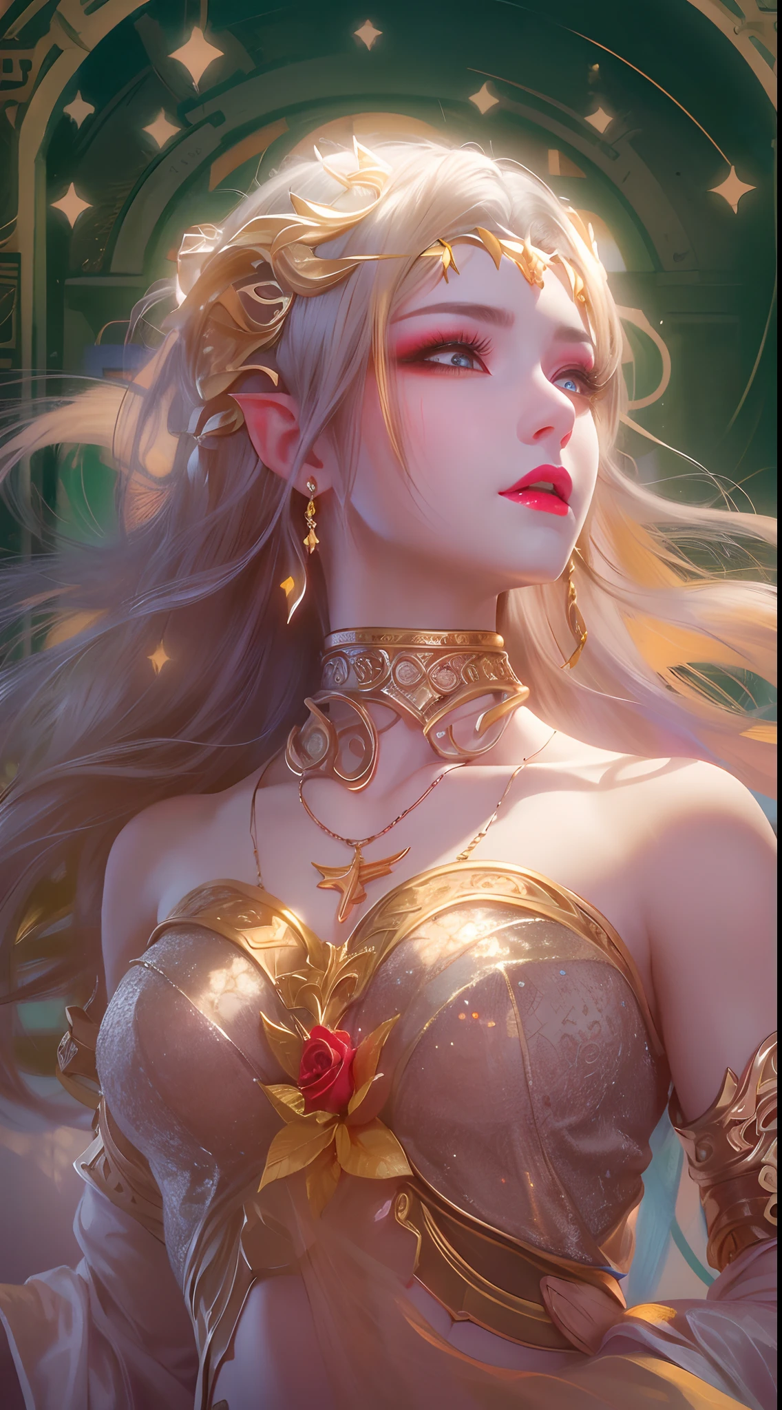 1 20 year old girl, 1 goddess Athena, pink purple silk dress, beautiful goddess Athena face without blemishes, delicate yellow nightgown, long thin sequin nightgown with many sexy black lace details, 1 beautiful thin red silk cloth half veil, female saint legend, female saint icon, beautiful goddess style glitter, dark and mysterious version, vermilion lips, plump red lips, not smiling, mouth closed, delicate and beautiful pino detailing, delicate and beautiful lip detail, , (pure and flawless face: 1.9), female saint body, round chest, big and round breasts, phoenix brooch, long flat bangs, (7-color rainbow hair: 1.9), flower stickers tattoo on forehead, beautiful clear face and well-proportioned eyes, (transparent yellow eyes: 1.8), (big round eyes and makeup, sexy wet eye makeup, very beautiful and meticulous hair makeup, long and delicate blonde hair, delicate, body image: 1.8), figure: and vivid, (stars that make up the sky: 1.7), (the sky of heaven and the fictitious gate of time and space: 1.8), fictional art, RAW photos, hanfu photos, best photos, high resolution, best quality, best photos, best goddess quality, 8k female, super 8 single saint portraits, truest color schemes, masterpieces, best beauty brands, best hair jewelry, brand real photo, dark studio, border light, two-tone lighting, (rose white skin: 1.4), (high skin detail: 1.1), 8k uhd, d slr, soft light, 8k, high quality, candid, volume Smooth and sharp, 10x pixel increase, sexy goddess, sexy goddess, (background space: 1.8), (most beautiful aurora eyes: 1.7), beautiful eyes, aurora beautiful and flowery, (beautiful single girl: 1.8), (more details:0.8),