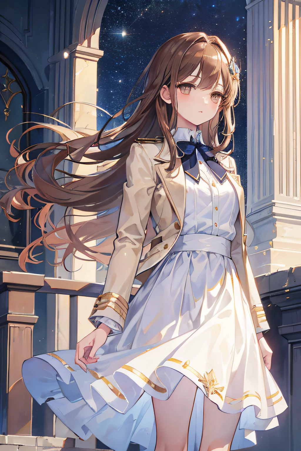 Masterpiece, Best quality, The most meticulous and exquisite, high resolution CG illustration, Fantasy atmosphere, Beautiful and delicate,Standing by the balcony,Wear a white school uniform jacket,golden eyes, A melancholy look, Glittering starry sky, gentlesoftlighting, Romantic, Wind,brown color hair)