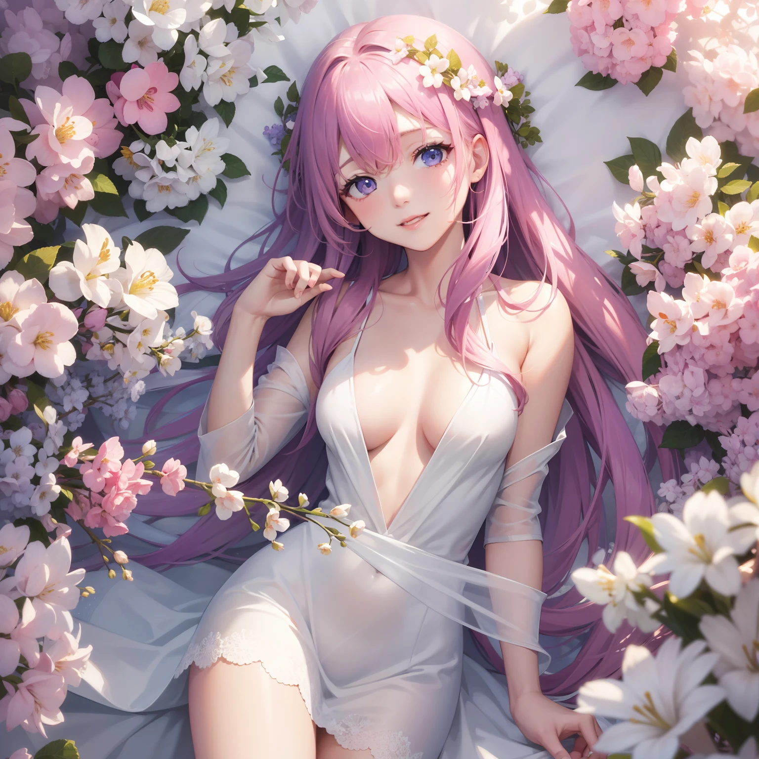 concept art,highly great resolution, female, high school student, oriented, charming, crystal clear eyes ,pretty nose ,around colorful flowers ,well-proportion ,innocent, laughing, long lilac hair, topless blue dress, realistic illustration , higher detail , feel ecstasy , cute face , fairly, making love, spot light , Kpop idle , JPOP idle, vocaloid, pull down arm ,beautiful holiness