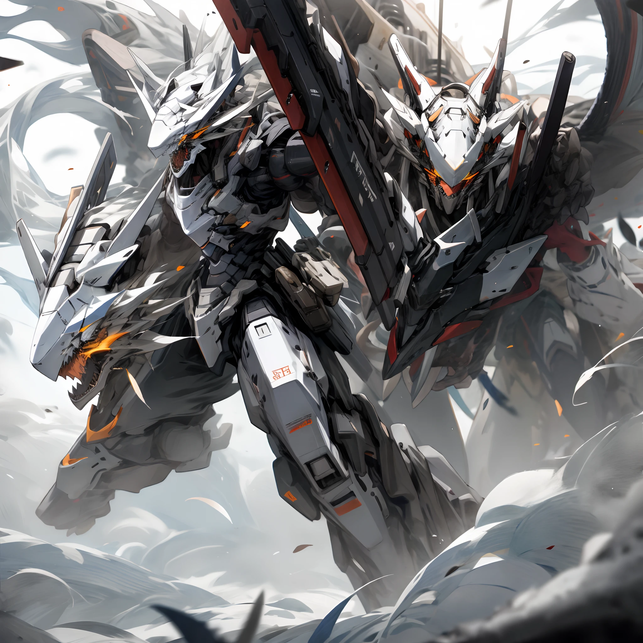 White and black mecha, Dragon helmet, claw weapons