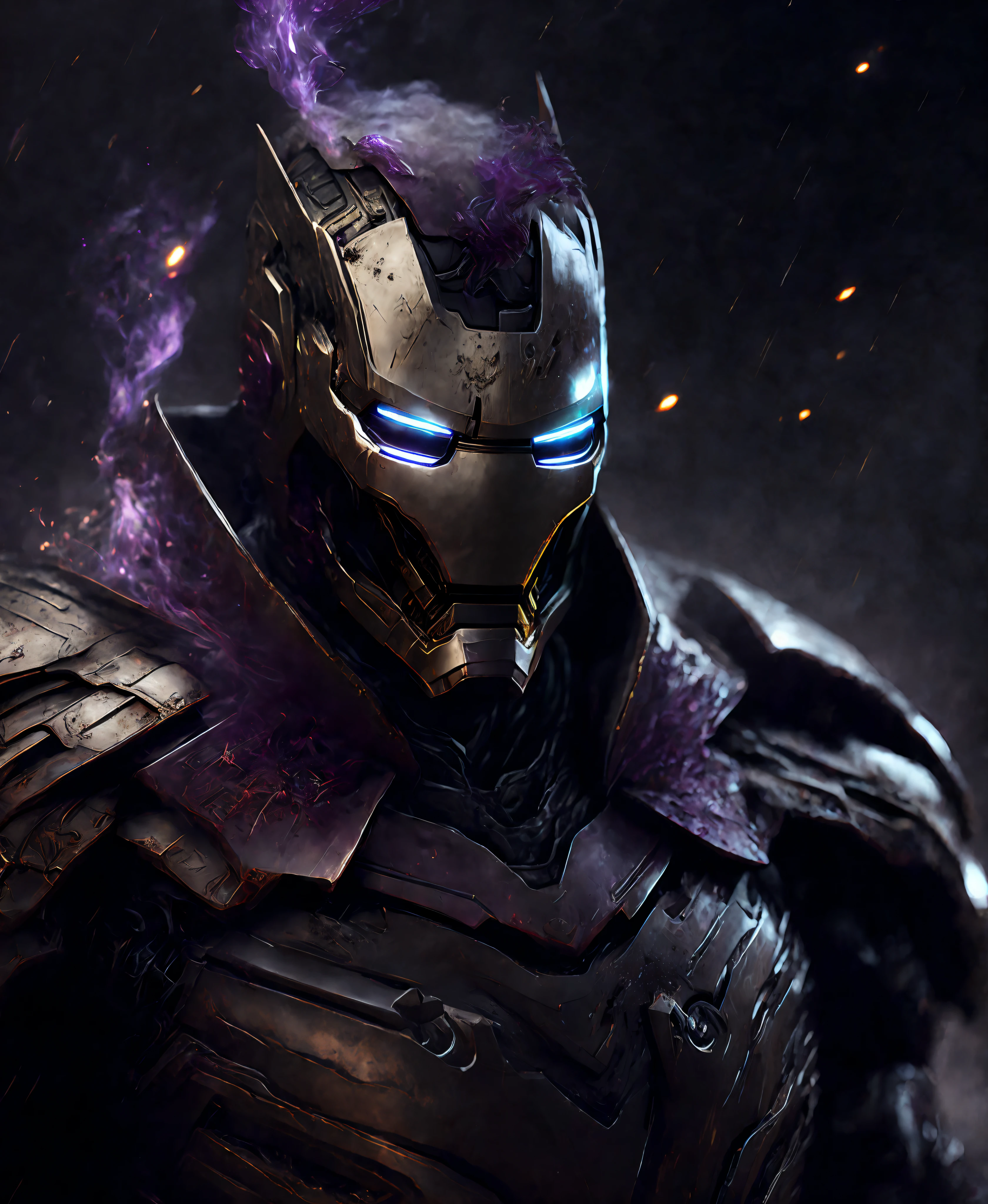 Close-up (Joker Iron Man in Viking style: 1.3) emerging from wet black mud, extremely detailed, smoke, sparks, metal shavings, flying debris, volumetric light