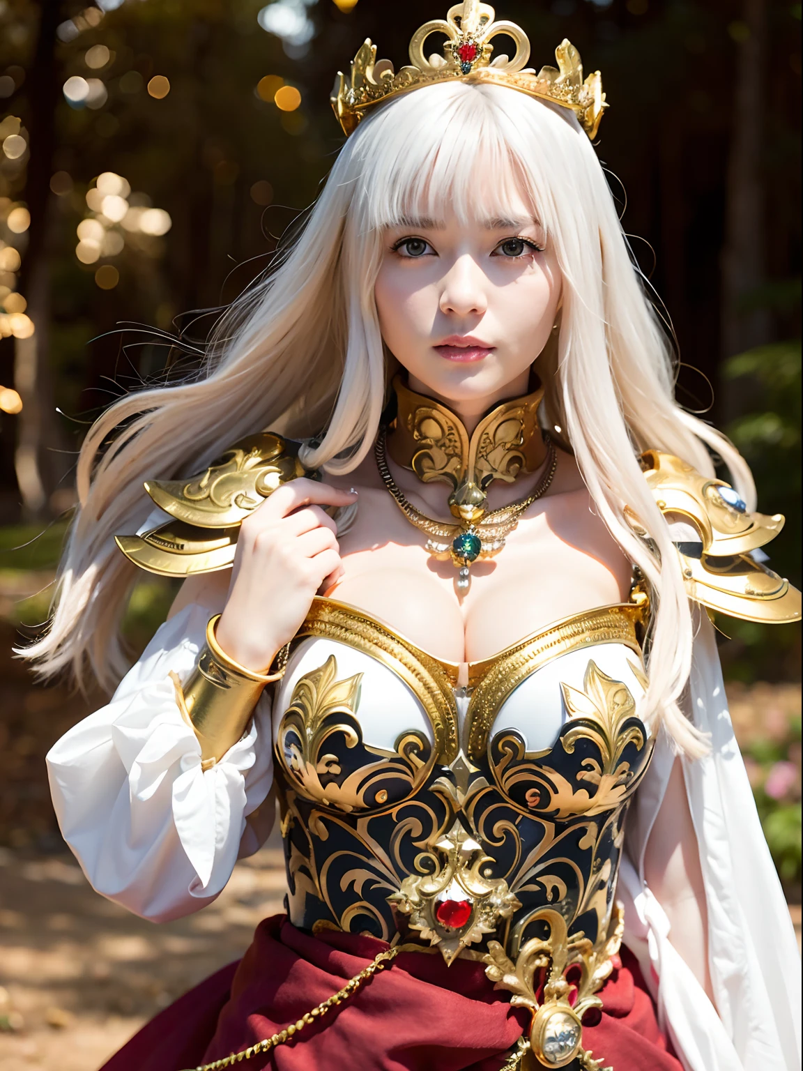 (masutepiece), Professional , masterpiece、top-quality、photos realistic , depth of fields (Gemstone White Metal Body:1.9),(Matte White、Jewel Gold Weapon(Jewel Metal Body:1.4),Gorgeous metal weapons ,(( Detailed and gorgeous sword of the brave)) , Beautiful knife ,warhammer 40k , adepta sororitas,Detail and ornate jewel crown、((Golden hair))、((Gangle's forest background))、Beautiful Caucasian beauty、1a person、dynamic ungle,(((Detailed and ornate diamond crown)))、Smaller head、A smile、Background inside the castle、Thin and beautiful female hands、cleavage of the breast、Soldier in iron armor on background、Mystical expression、Light Effects、intense fighting、Wind-effect、