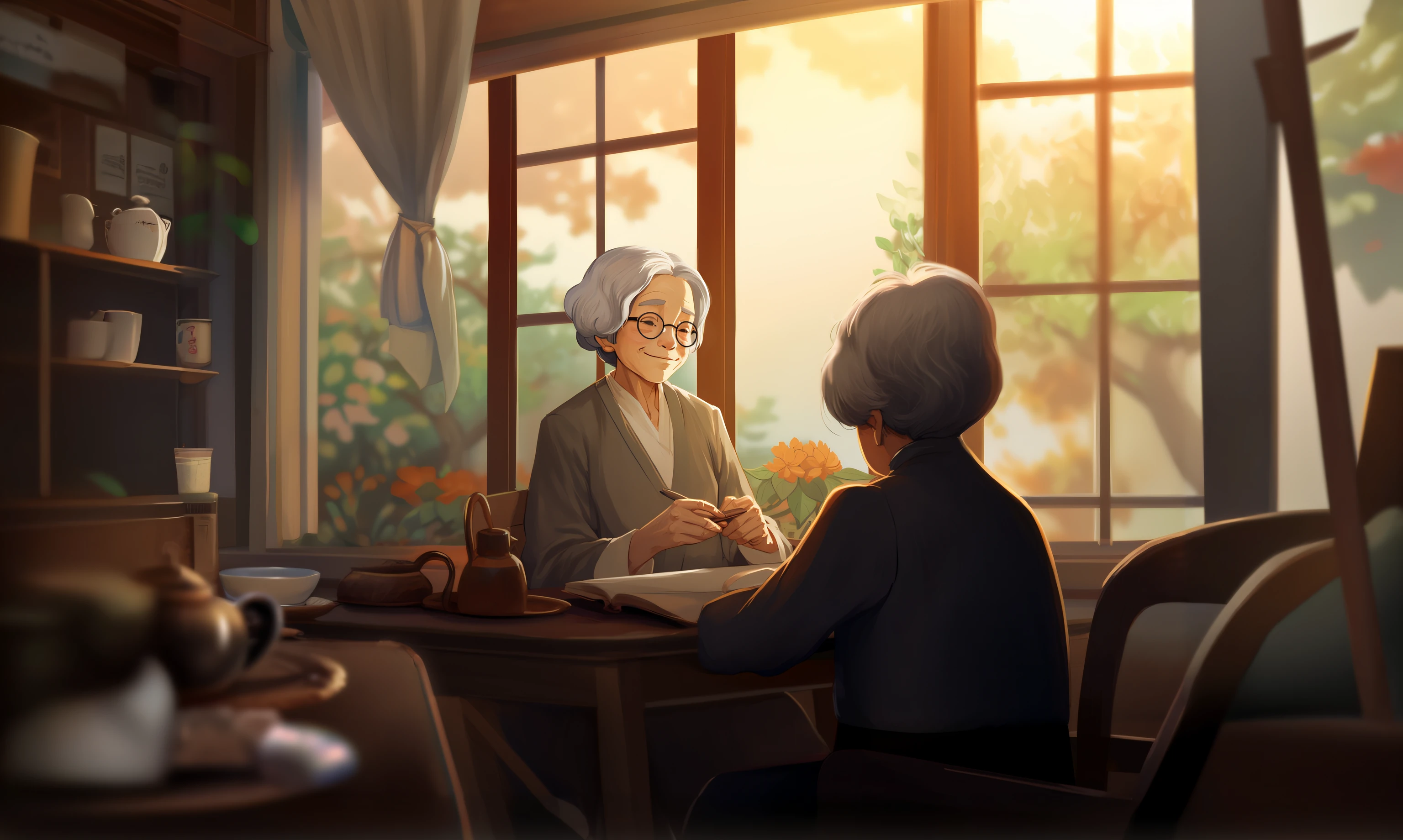 There was a woman sitting at the table,Holding a book and a cup, Guviz-style artwork, tea ceremony scene, author:Shen Shizhen, by Ni Yuanlu, A beautiful artwork illustration, drawn in anime painter studio, author:Zhang Shengqi, Game illustration, Today's featured anime stills