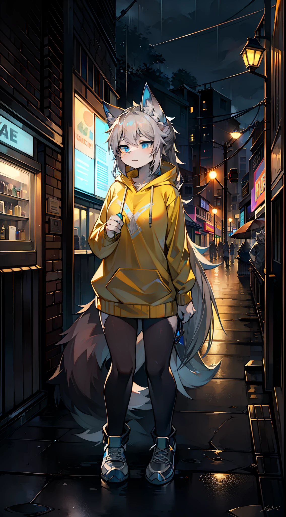 Rainy night on the street，Big-tailed wolf，blue color eyes，Gray hair，long whitr hair，female，Yellow sweatshirt，