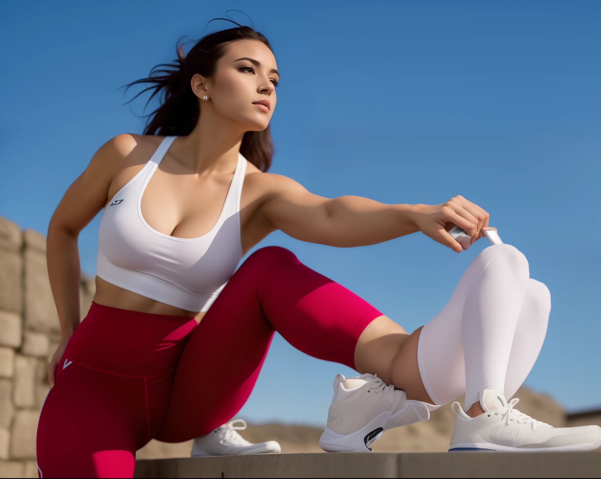 mulher linda esticando as pernas em um muro de concreto em uma cidade, athletic muscle tone, roupas esportivas, arcos altos, mulher em forma, wearing white tights, esticar, roupas esportivas, leggings brancas, Ad image, dynamic stretching, Cottagecore!! corpo fitness, centro da imagem, advertising photo, em forma, promo, woman is curved, Vibrant and dynamic, roupas esportivas vermelhas, fotografiarrealista, fotografia, obra-prima, realista, Realismo, renderizado, Alto contraste, Arte Digital, fotográficorealista, trend in Artstation 8k HD, high definiton, circunstanciado, Realistic, detalhada, textura da pele, hiperdetalhada, Textura realista da pele, melhor qualidade, ultra high-resolution, (fotografiarrealista: 1.4), alta resolução, detalhada, fotografia crua, Crisp resolution, nikon d850 filme, fotografia de stock 4, Kodak Portra 400 Camera F1 Lens.6, textura hiper realista, lighting dramatic, Unrealistic trend in Artstation Cinestill 800, RAW. Directed by: Lee Jeffries.