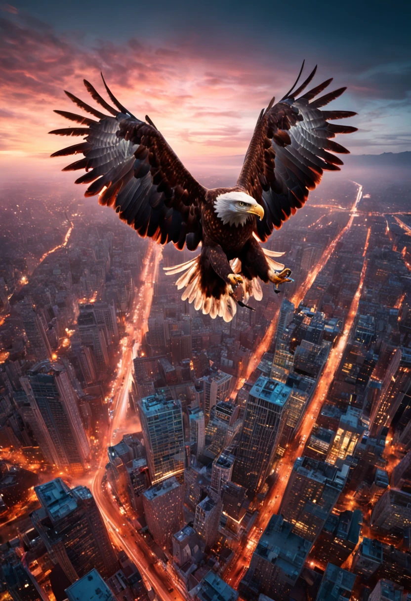 description: The album cover depicts a dynamic and captivating scene that perfectly captures the essence of trap music. Background Story: The background is a smoky, Urban environment with a hint of mystery and emotion. The smoke spins and dances in the air, creating a sense of movement and energy. The cityscape is illuminated by neon lights, throwing a vibrant variety of colors into the scene. Cinematic lights paint the surroundings in shades of electric blue, vermelho ardente, e roxo profundo, adding a dramatic twist to the atmosphere. centerpiece: Dominating the roof is a majestic eagle in mid-flight, suas asas estendidas e poderosas. The eagle is the symbol of freedom and strength, that resonates with the energy of trap music. Suas penas brilham com um brilho iridescente, reflecting the dynamic lights of the surroundings. The eagle's eyes are intense and focused, capture the viewer's attention with an almost hypnotic fascination. compositing: The eagle is positioned in such a way that it appears to be descending from the top of the canopy toward the center. Perspective adds depth and movement to the scene, Making it look like the eagle is coming down from above. The contrast between the fierce presence of the eagle and the smoky, Atmospheric background creates a captivating visual tension. Tipografia: The album title, "Descent of the Eagle," is rendered in bold, moderno, e tipografia ousada. As letras parecem brilhar com as mesmas cores neon que iluminam o fundo, giving the title a sense of dynamism. The artist's name is placed below the title, but in a more discreet font to let the eagle and the title shine. Geral, a arte da capa para "Descent of the Eagle" embodies the synergy between the power of trap music and the freedom symbolized by the eagle, All within the context of a smoky, cityscape illuminated by cinematic lights.