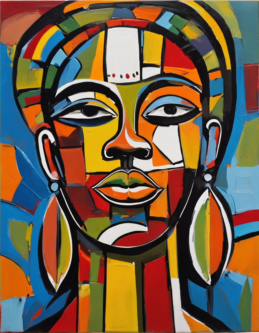 Imagen centrada. Pintura facial de Mujer africana, sobre un fondo negro, Cara abstracta, Retrato abstracto, Cara estilizada, Pintura de arte pop, Cara detallada altamente expresiva, Expresivo rostro femenino, estilo Picasso, Una pintura de arte pop, Hermosa pintura expresiva, Detailed face of a woman from an African tribe Detailed expression, Estilo Picasso, Estilo cubismo