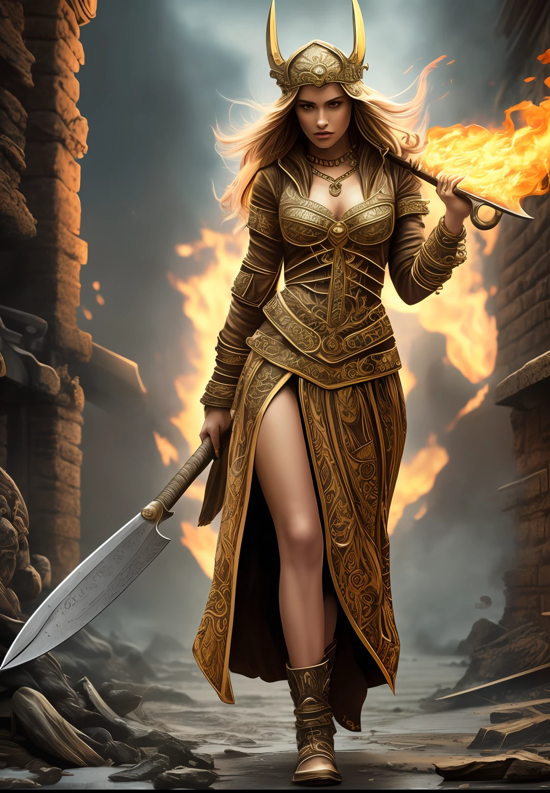 Greek woman with a bloody axe, photography full body, Tri-X 400 TX, Tilt Blur, F/22, Cool color palette, low contrast, 16k, , Twilight rays, natural lighting, chromatic, Sulfur, gold, leather, furry, lava, fog, smoke billowing, inferno, leaves, bracelet, textured, tonemapping, insanely detailed and intricate, hypermaximalist, elegant, ornate, hyper realistic, super detailed --auto --s2