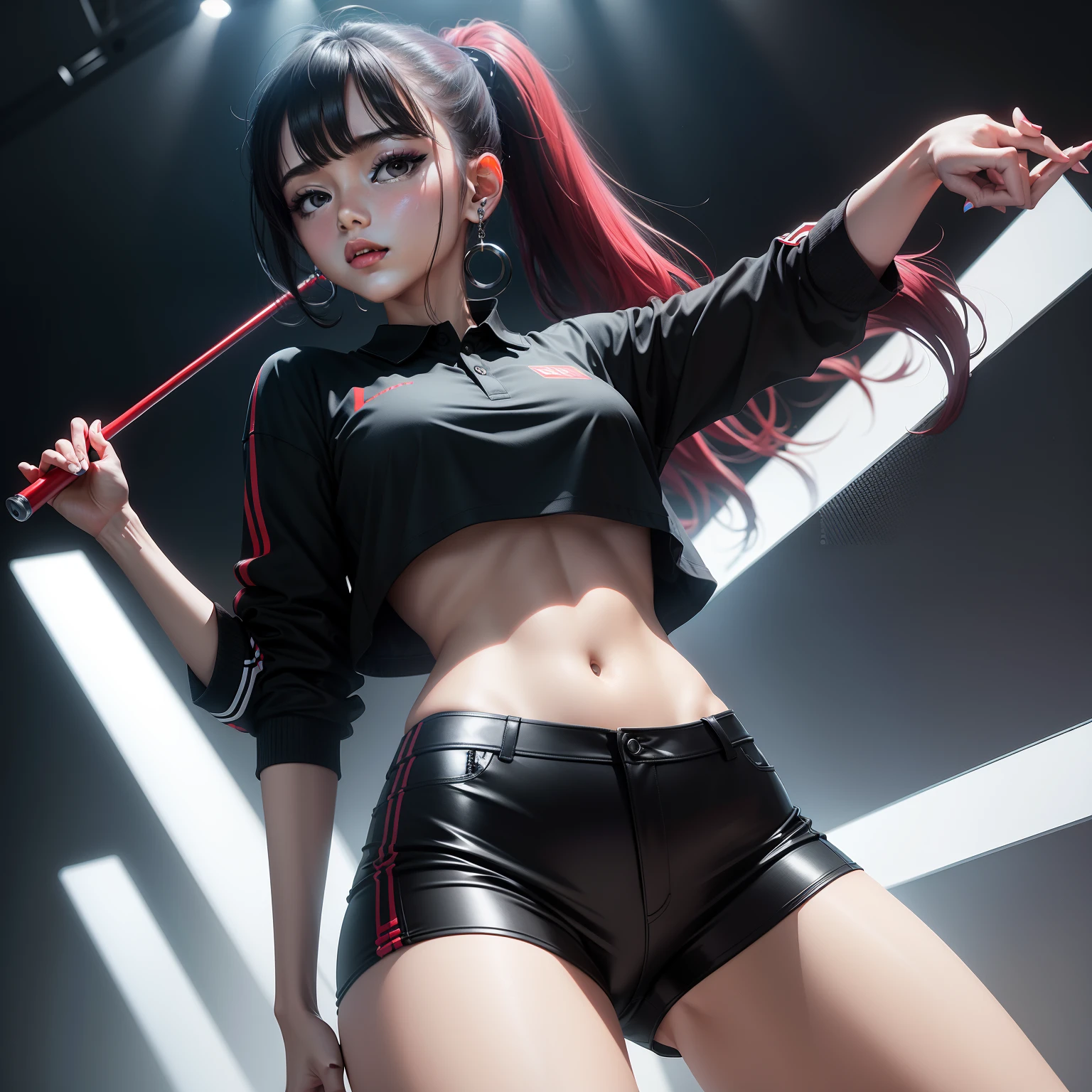 Young female K-pop dancer，Modern minimalist style，Black background，perspire，Polo shirt，enchanted，Slim figure，Be red in the face，Thigh split。